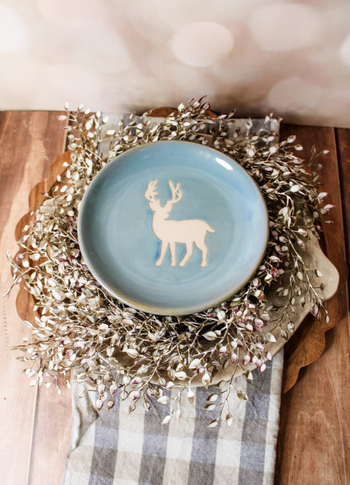 Artisan blue stoneware plates 5 inches for christmas and holidays for sale at the rustic barn in Killingworth, CT