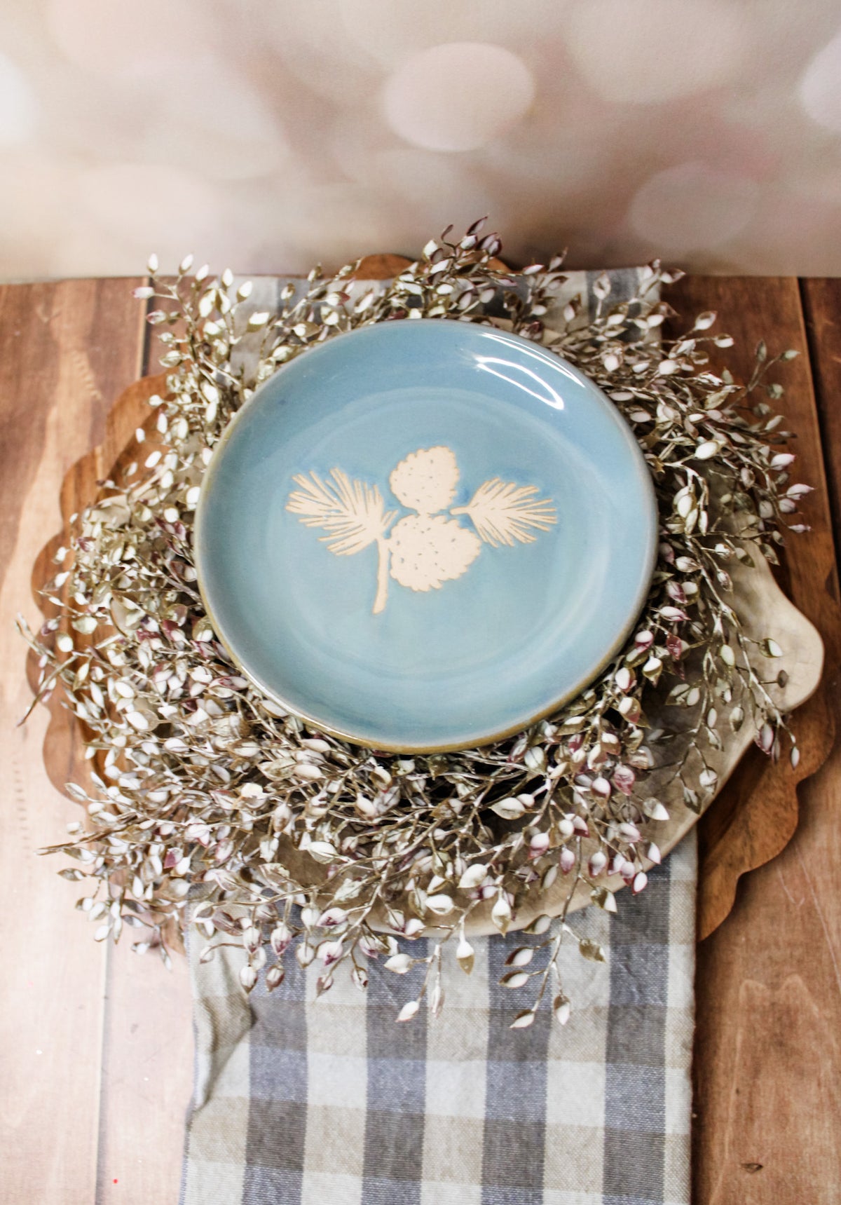 Artisan blue stoneware plates 5 inches for christmas and holidays for sale at the rustic barn in Killingworth, CT