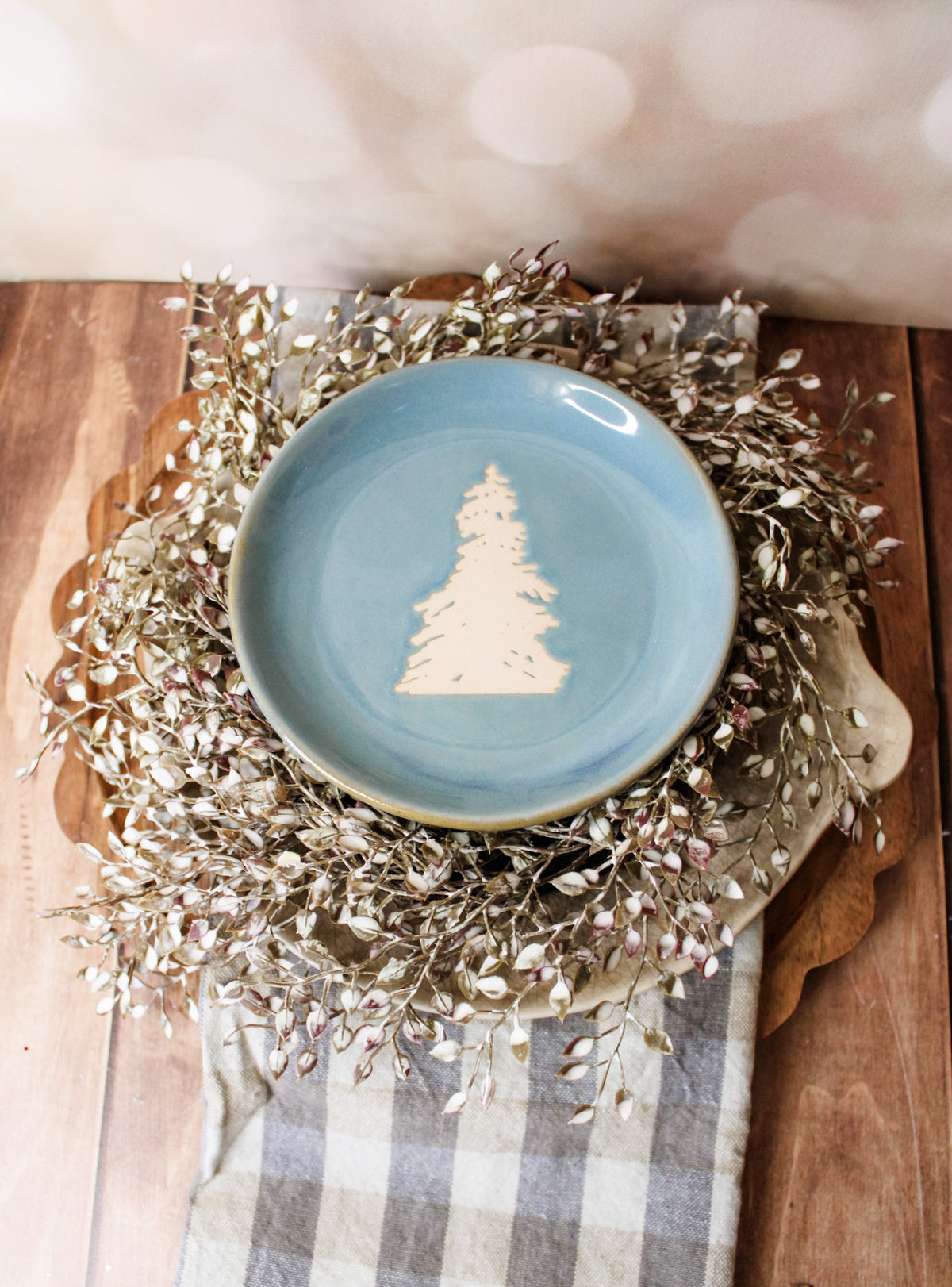 Artisan blue stoneware plates 5 inches for christmas and holidays for sale at the rustic barn in Killingworth, CT