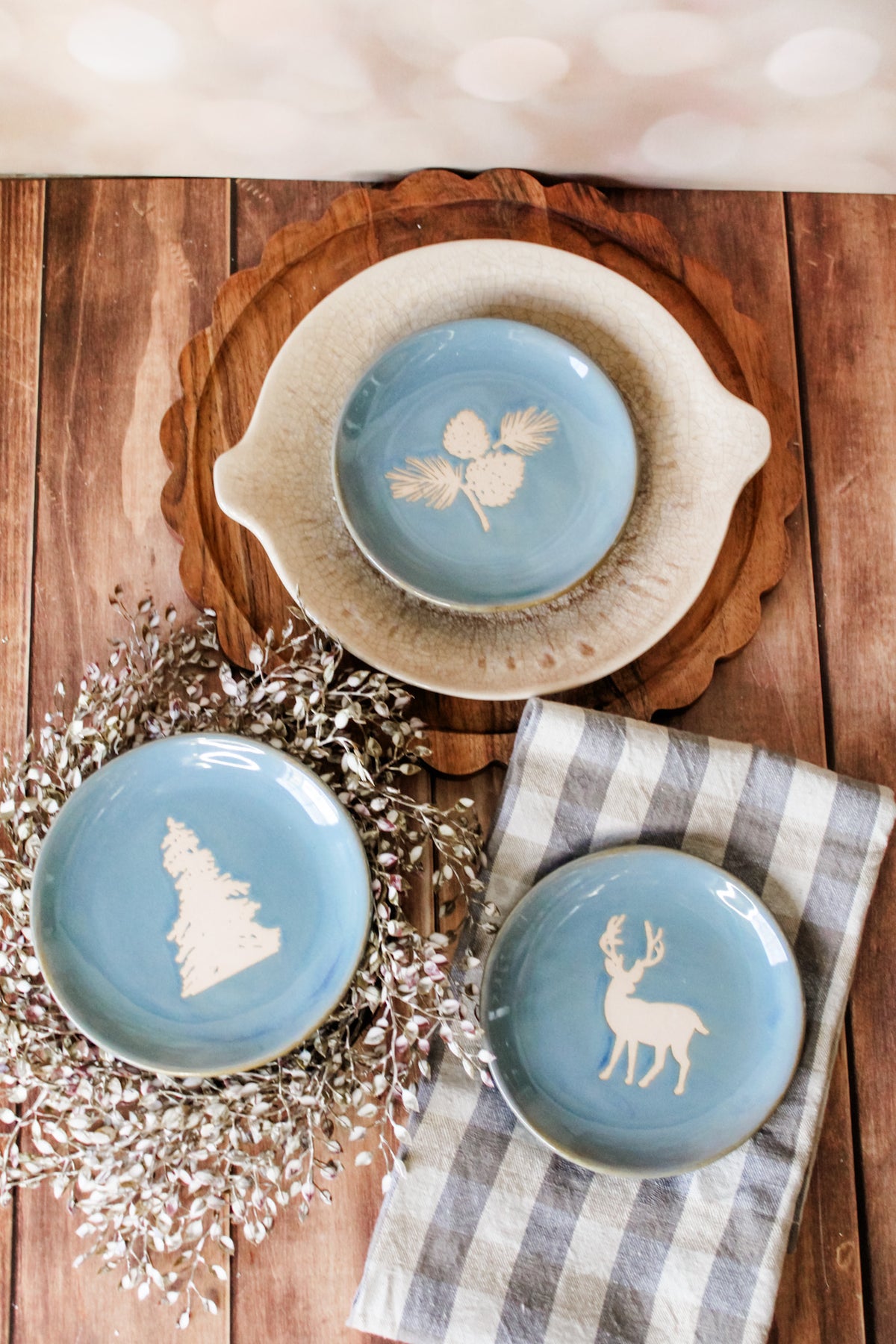 Artisan blue stoneware plates 5 inches for christmas and holidays for sale at the rustic barn in Killingworth, CT