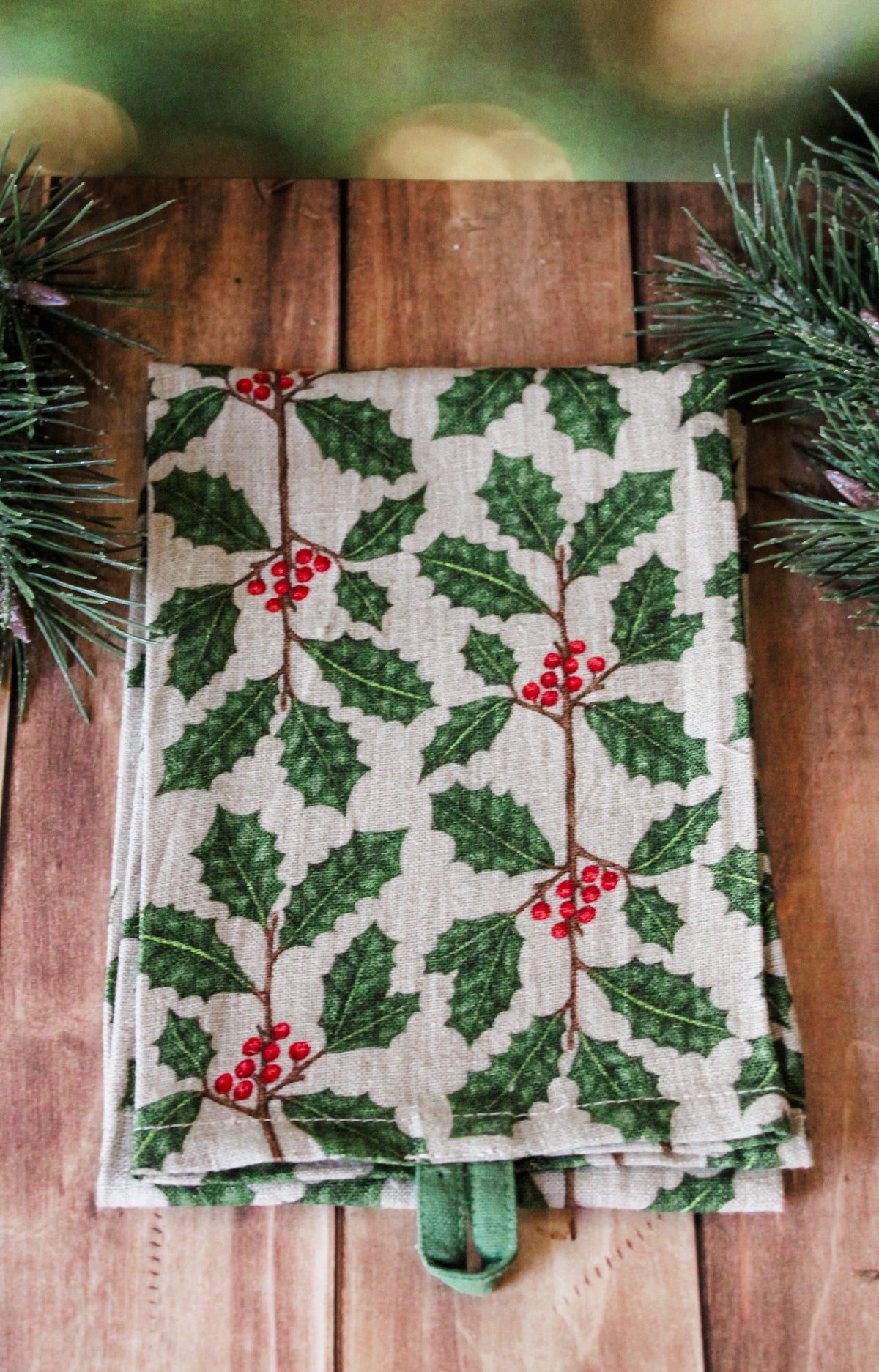 Artisan botanical christmas linen tea towels with floral holiday botanical designs for sale at the rustic barn in killingworth, CT