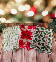 Artisan botanical christmas linen tea towels with floral holiday botanical designs for sale at the rustic barn in killingworth, CT