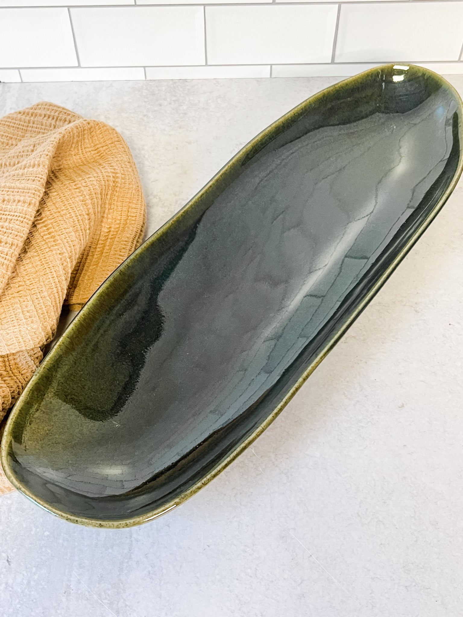 moss green platter with reactive glaze at the rustic barn in killingworth ct