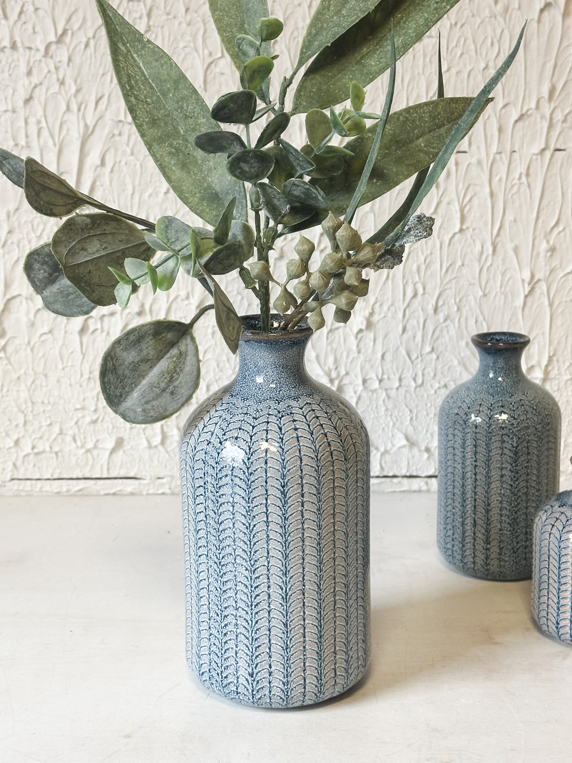 Artisanal Blue Embossed Stoneware Vases  at the Rustic Barn in Killingworth, CT 