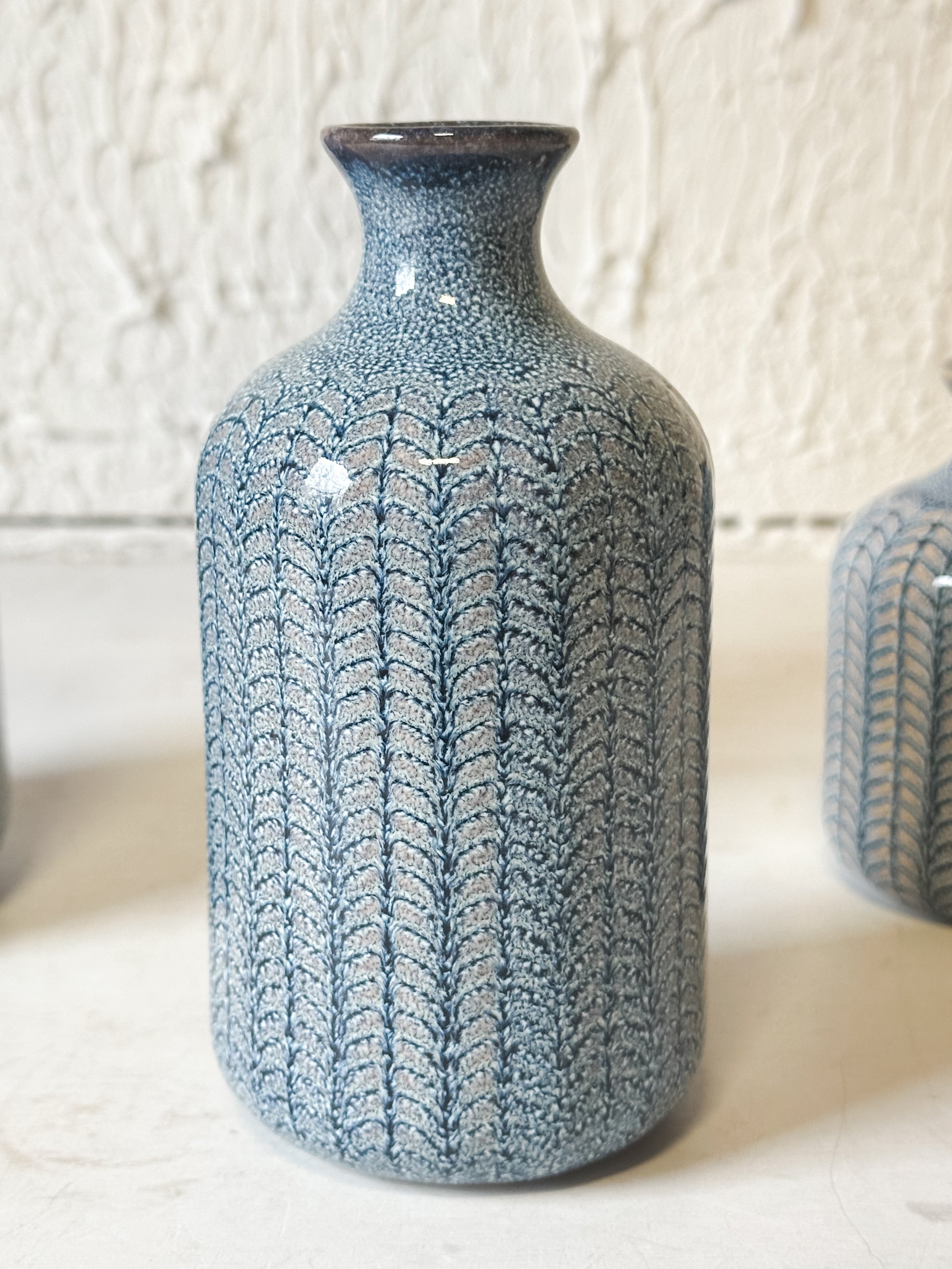 Artisanal Blue Embossed Stoneware Vases  at the Rustic Barn in Killingworth, CT 
