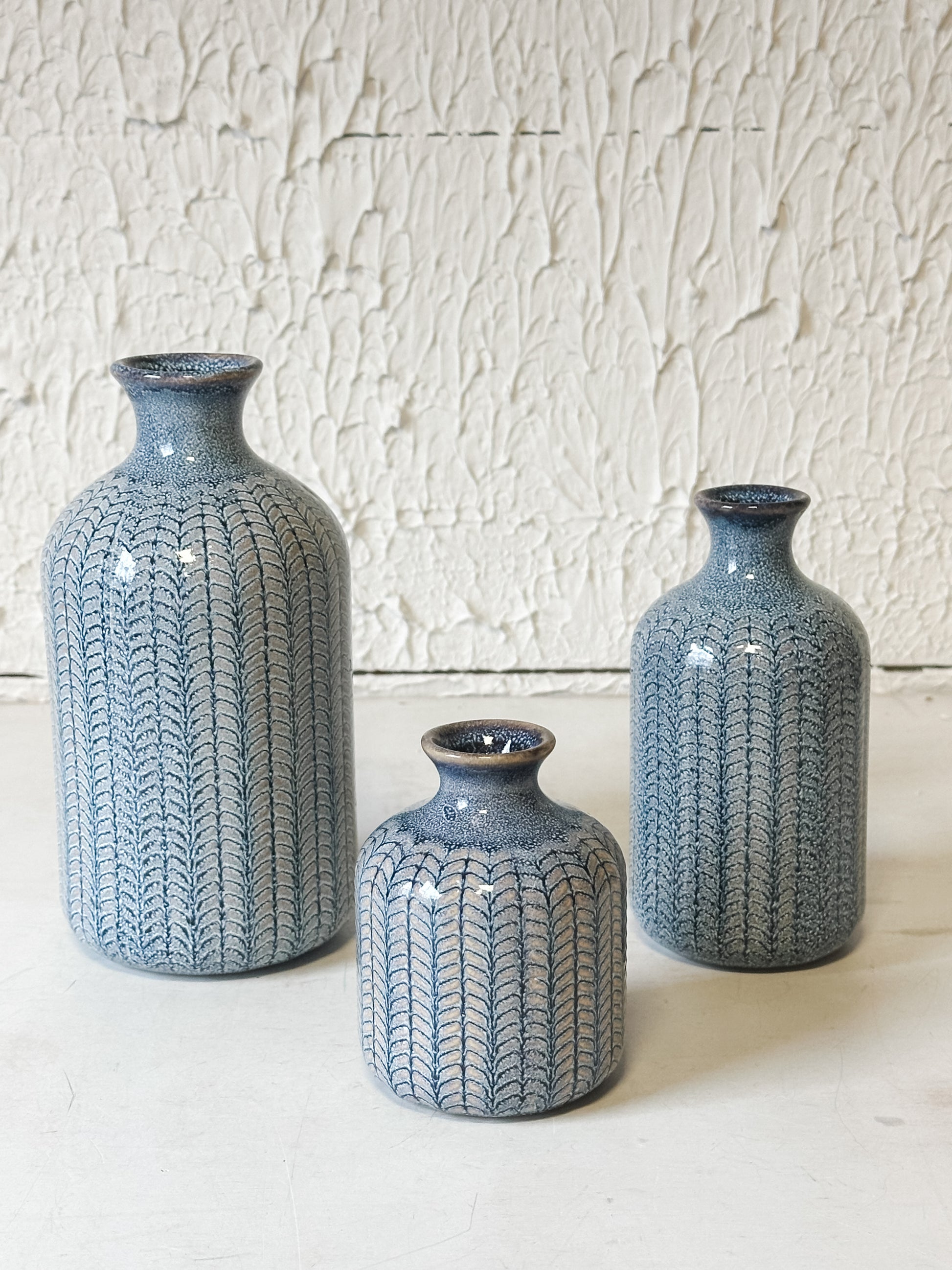 Artisanal Blue Embossed Stoneware Vases  at the Rustic Barn in Killingworth, CT 