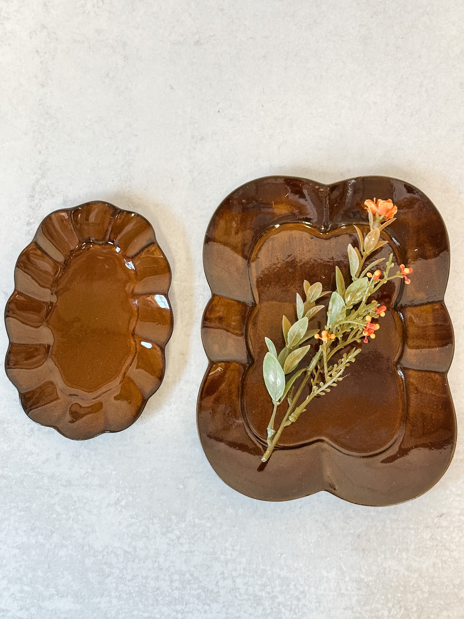 artisanal scalloped brown reactive glaze stoneware plate at the rustic barn in killingworth ct
