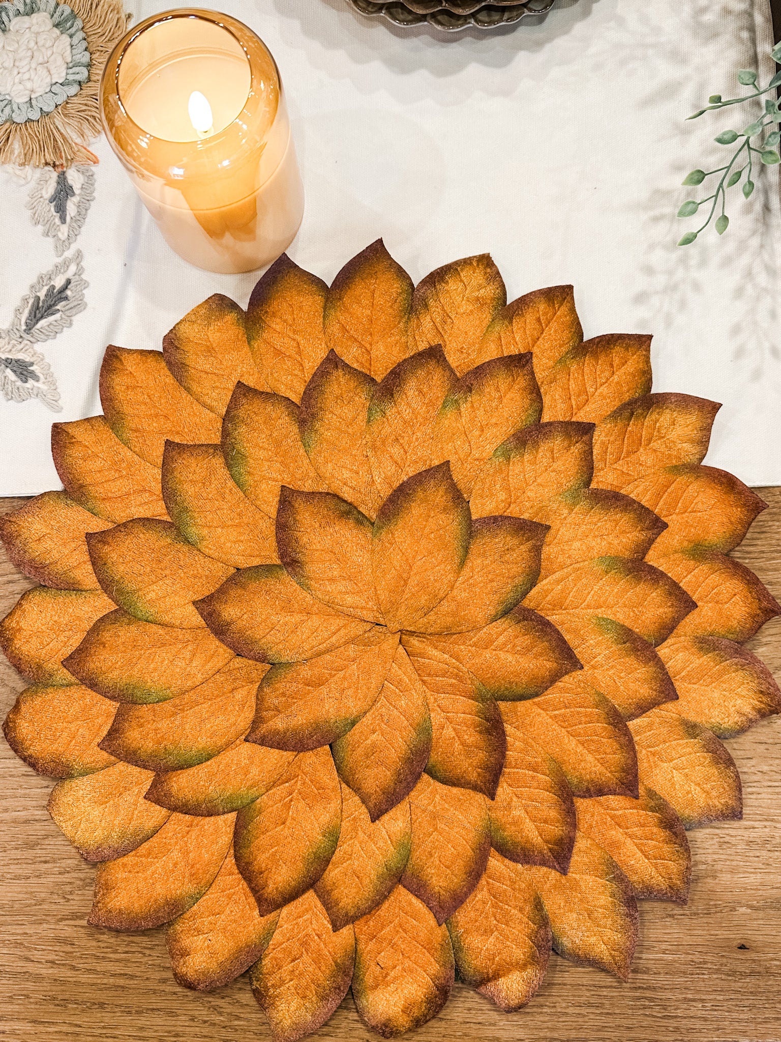 autumn harvest vibrant color leaf placemat at the rustic barn in killingworth ct