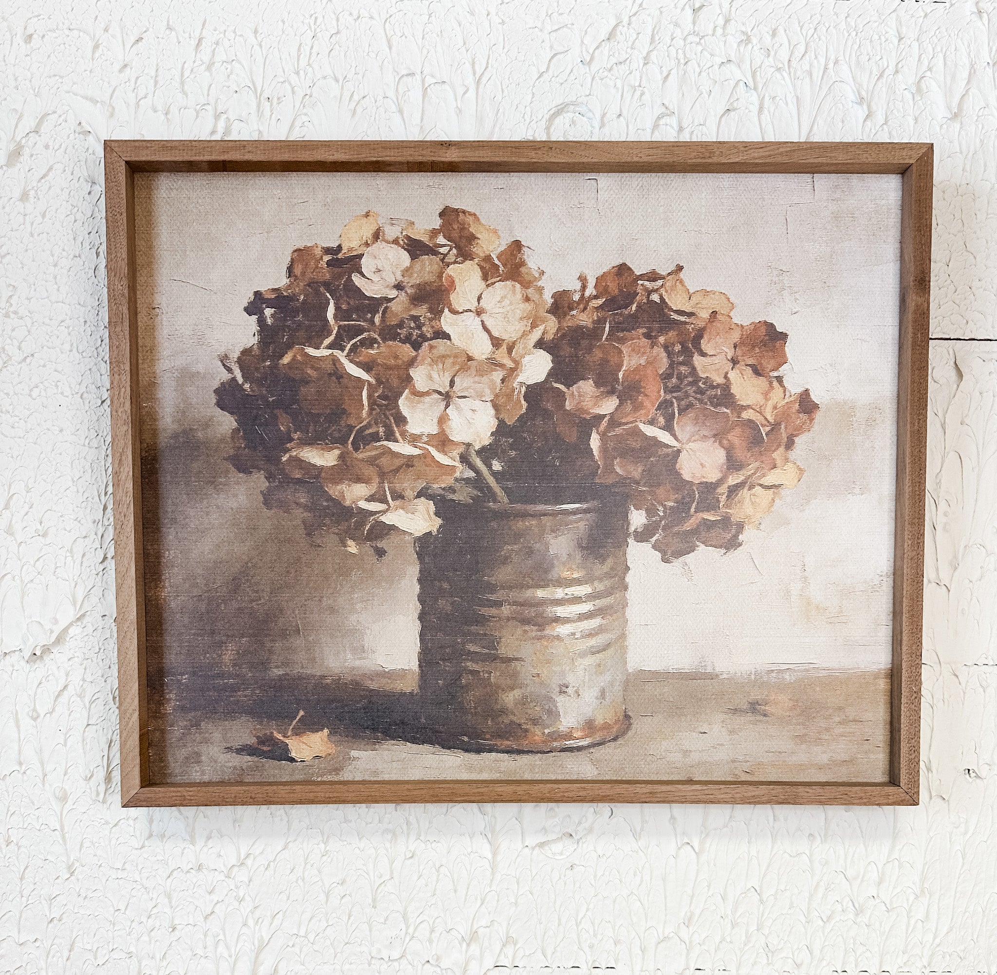 autumn hydrangeas in a rustic tin framed wall art at the rustic barn in killingworth ct