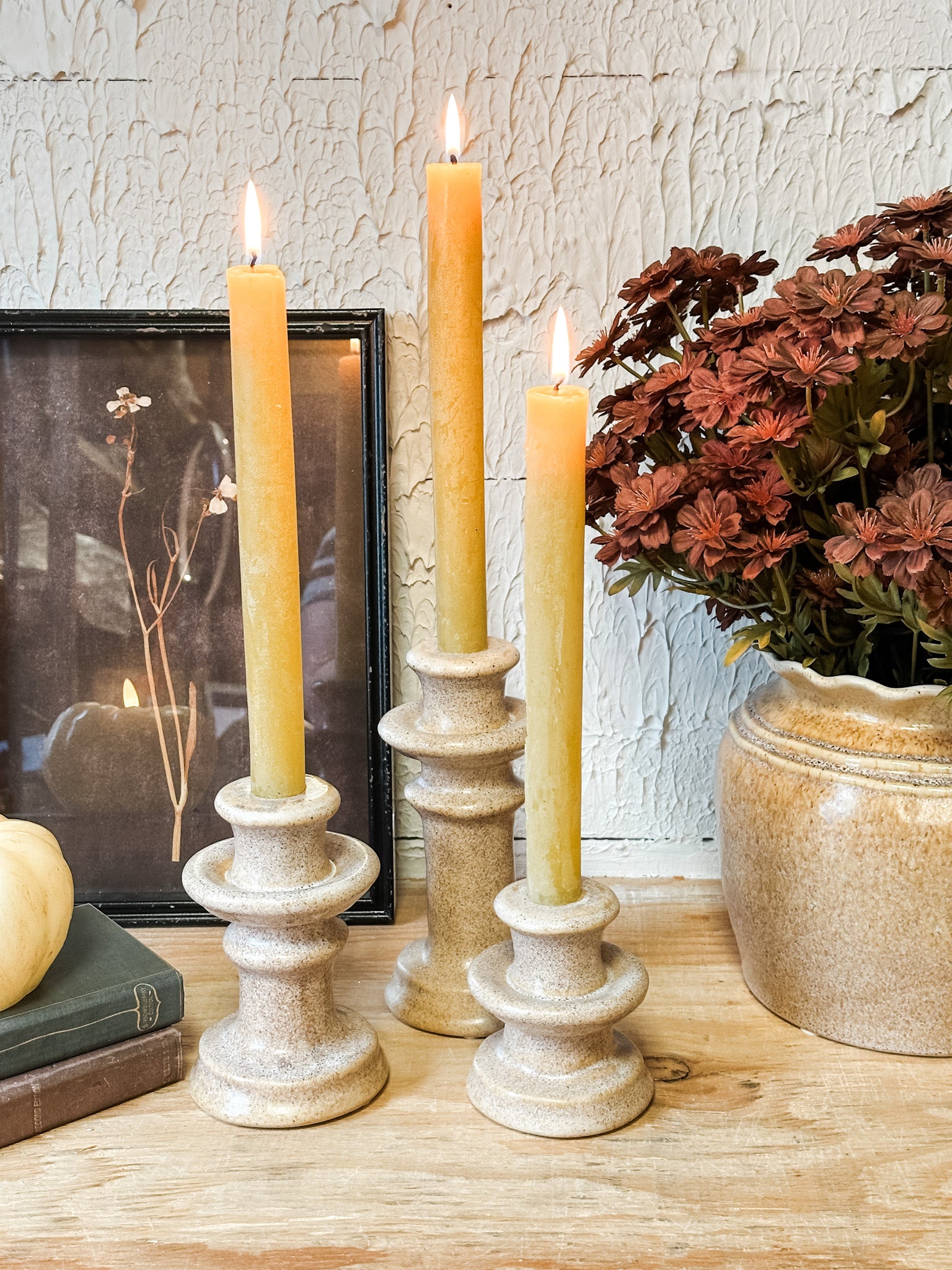 3 sizes cream ceramic taper holders at the rustic barn in killingworth ct