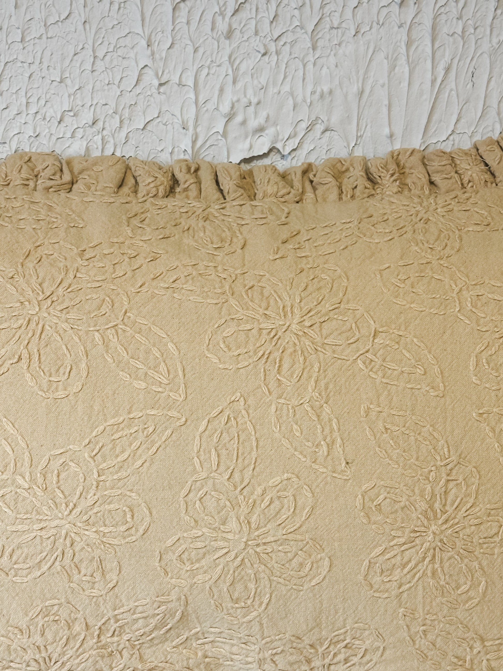 Hand-Embroidered Kantha Floral Lumbar Pillow  at the Rustic Barn in Killingworth, CT