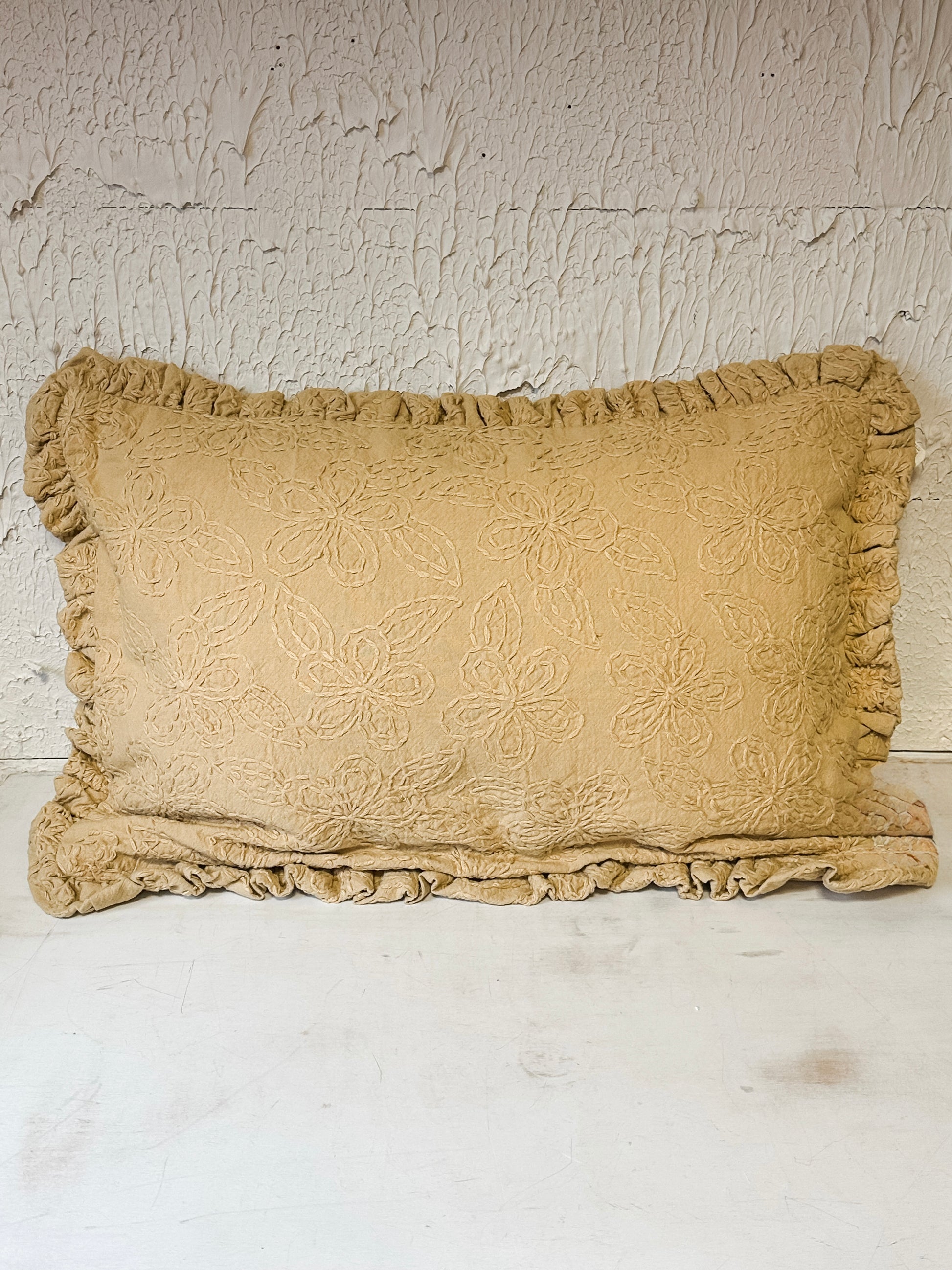 Hand-Embroidered Kantha Floral Lumbar Pillow  at the Rustic Barn in Killingworth, CT