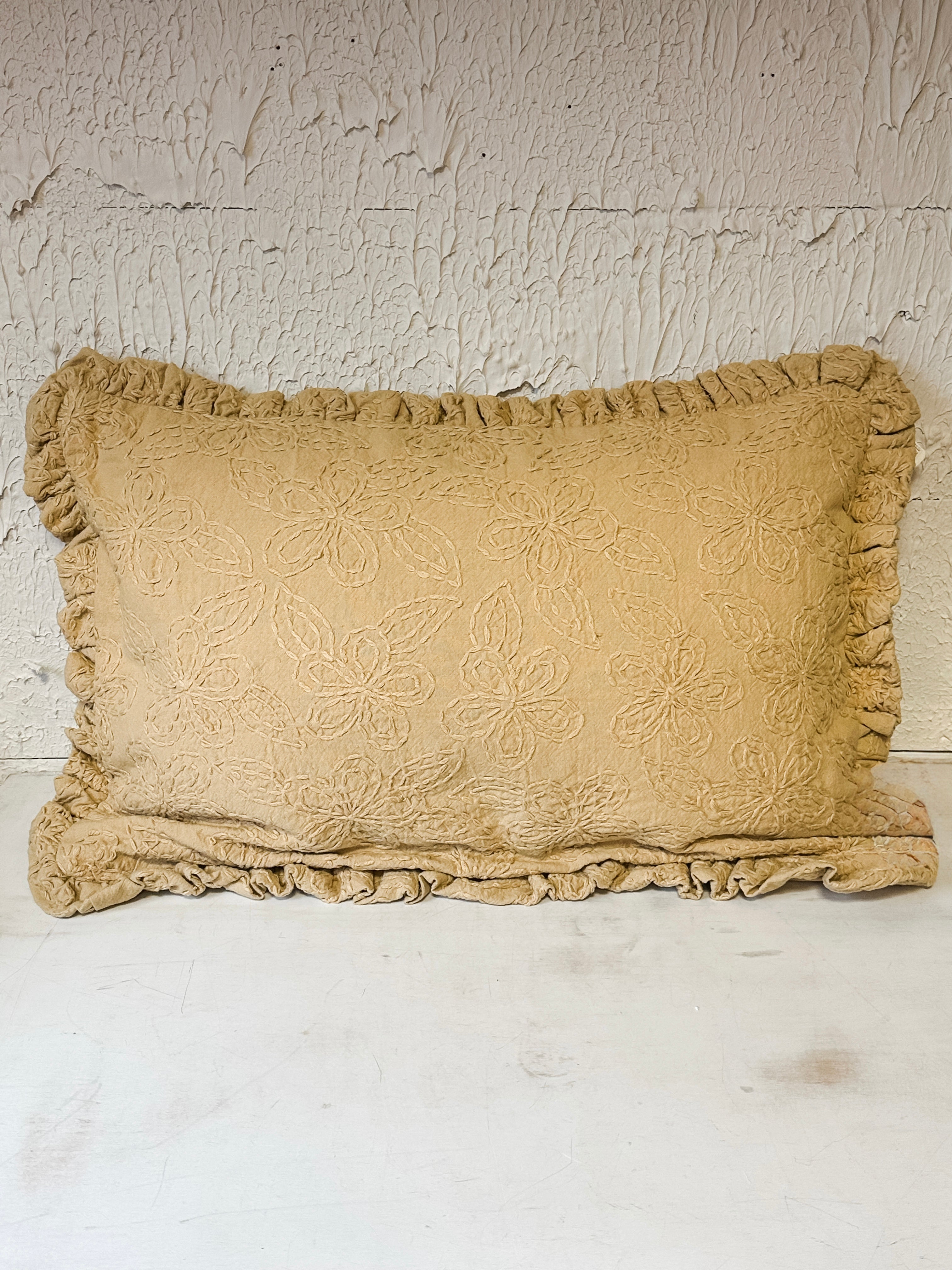 Hand-Embroidered Kantha Floral Lumbar Pillow  at the Rustic Barn in Killingworth, CT