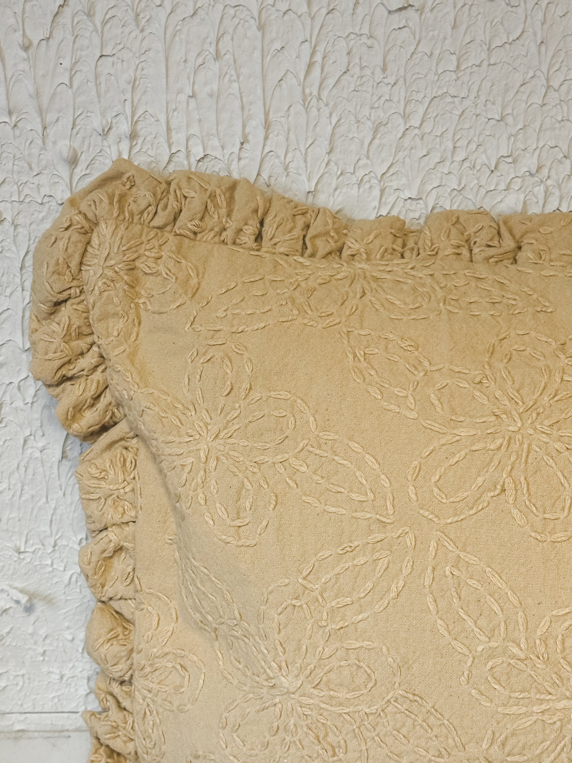Hand-Embroidered Kantha Floral Lumbar Pillow  at the Rustic Barn in Killingworth, CT