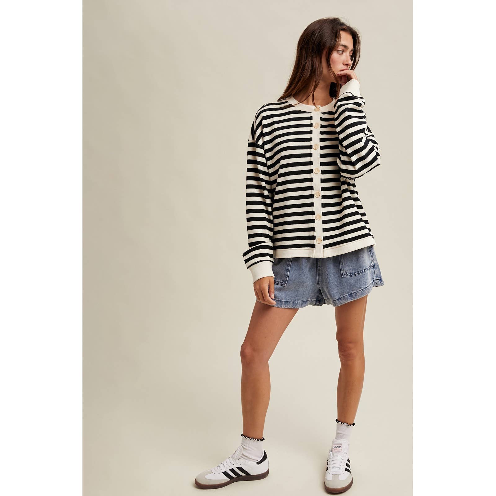 black and white stripe button up knit cardigan at the rustic barn in Killingworth ct