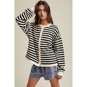 black and white stripe button up knit cardigan at the rustic barn in Killingworth ct