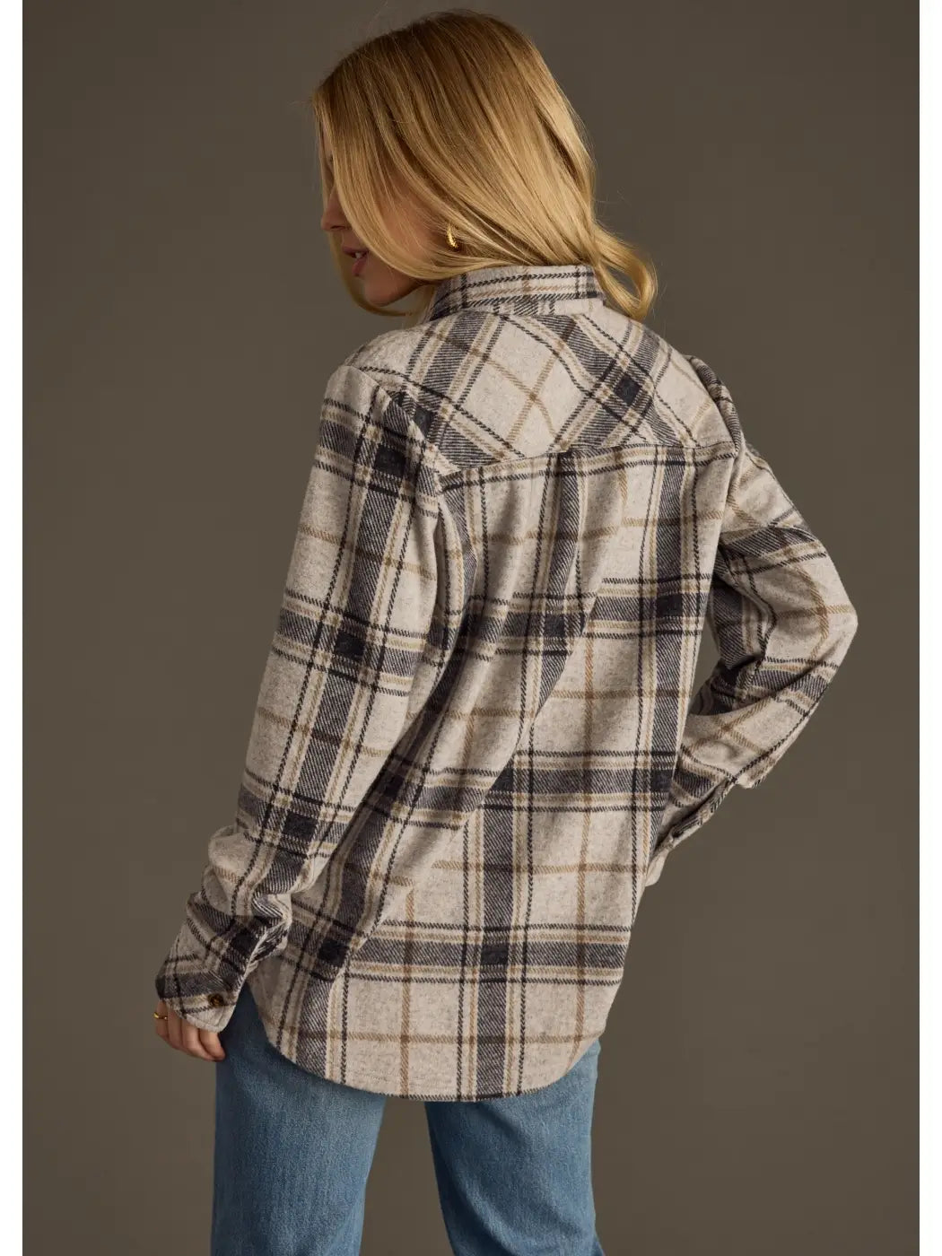 black light gray and brown plaid button up flannel shirt at the rustic barn in killingworth ct