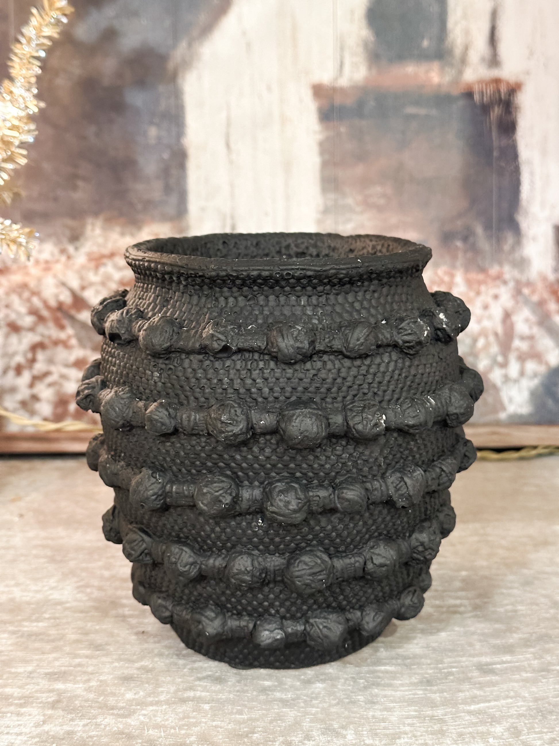 black textured knot cement vase at The Rustic Barn in Killingworth CT