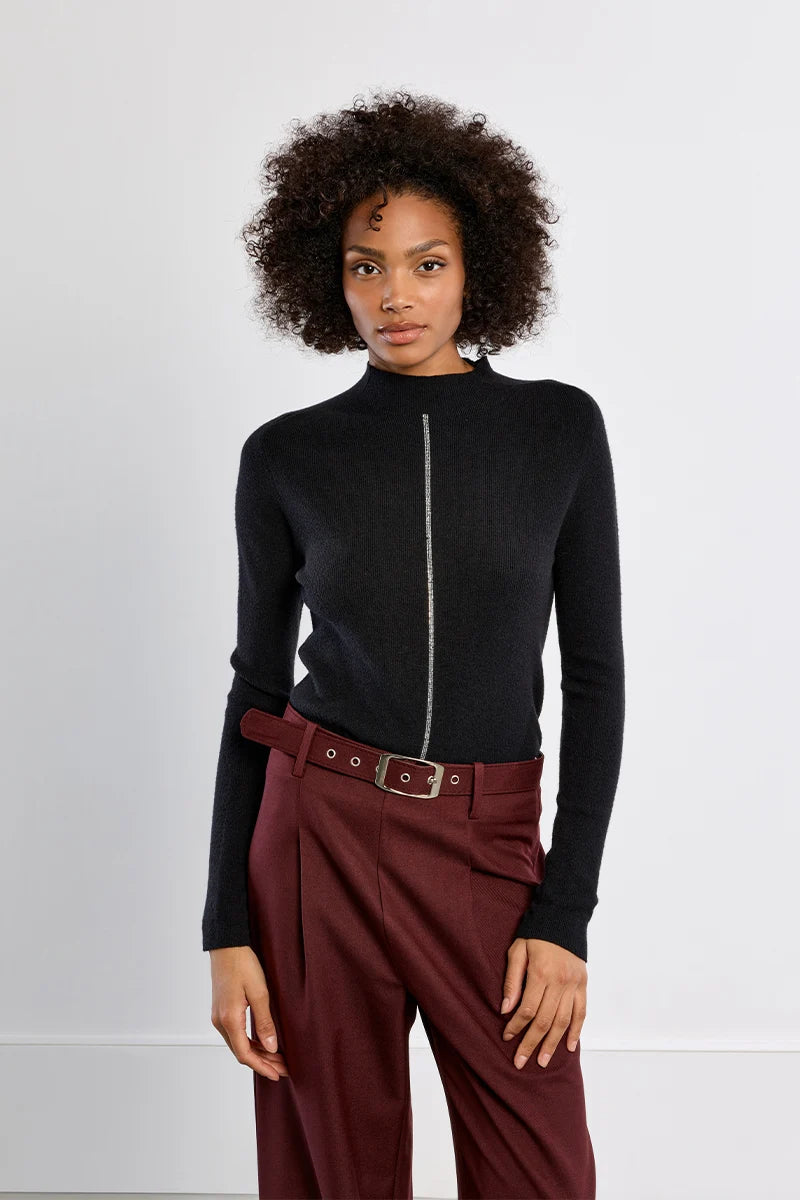 black turtleneck sock sweater with rhinestone down the middle at the rustic barn in killingworth ct
