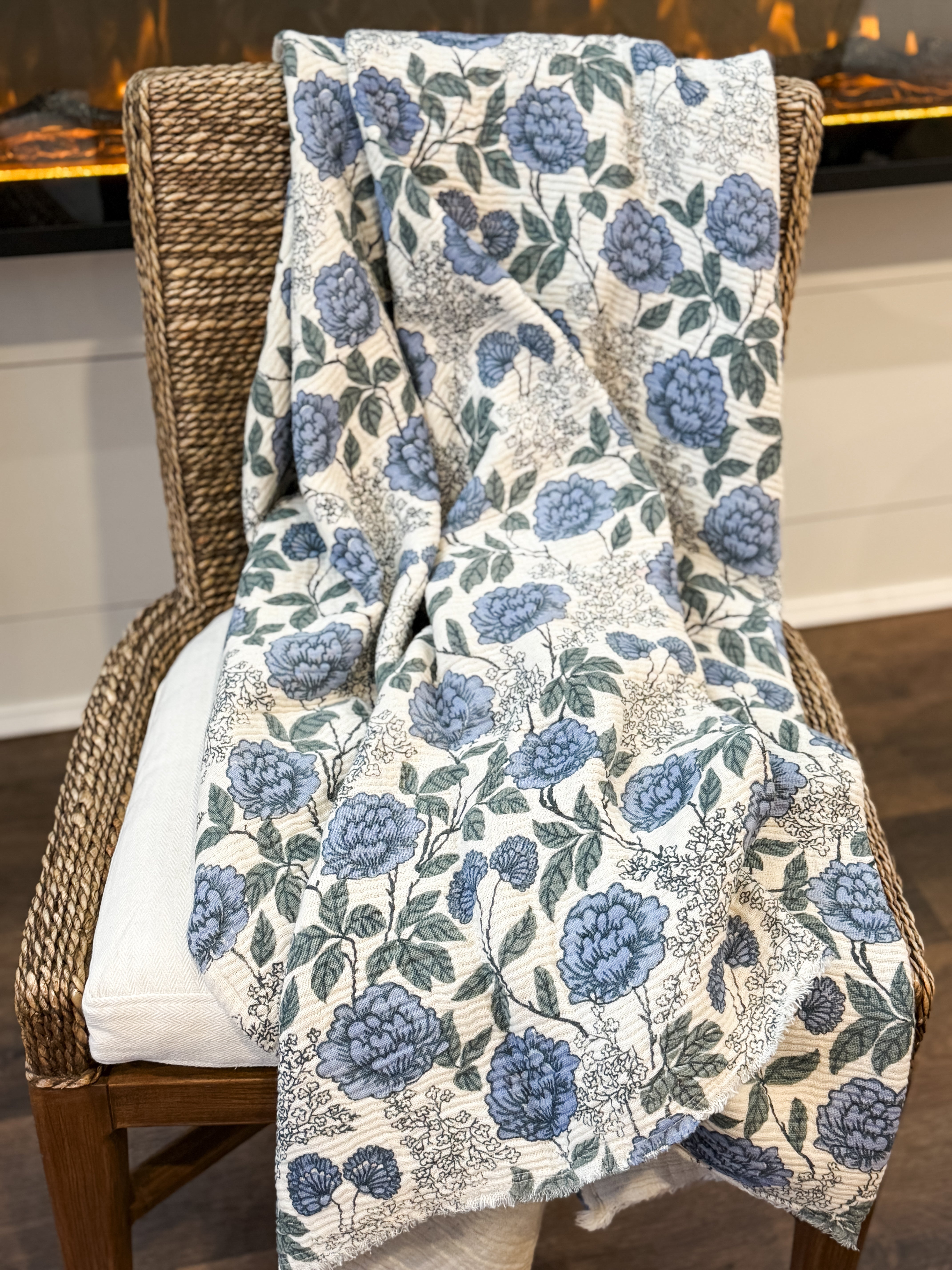 Blue Floral Stonewashed Cotton Quilted Throw Blanket at the Rustic Barn in Killingworth, CT