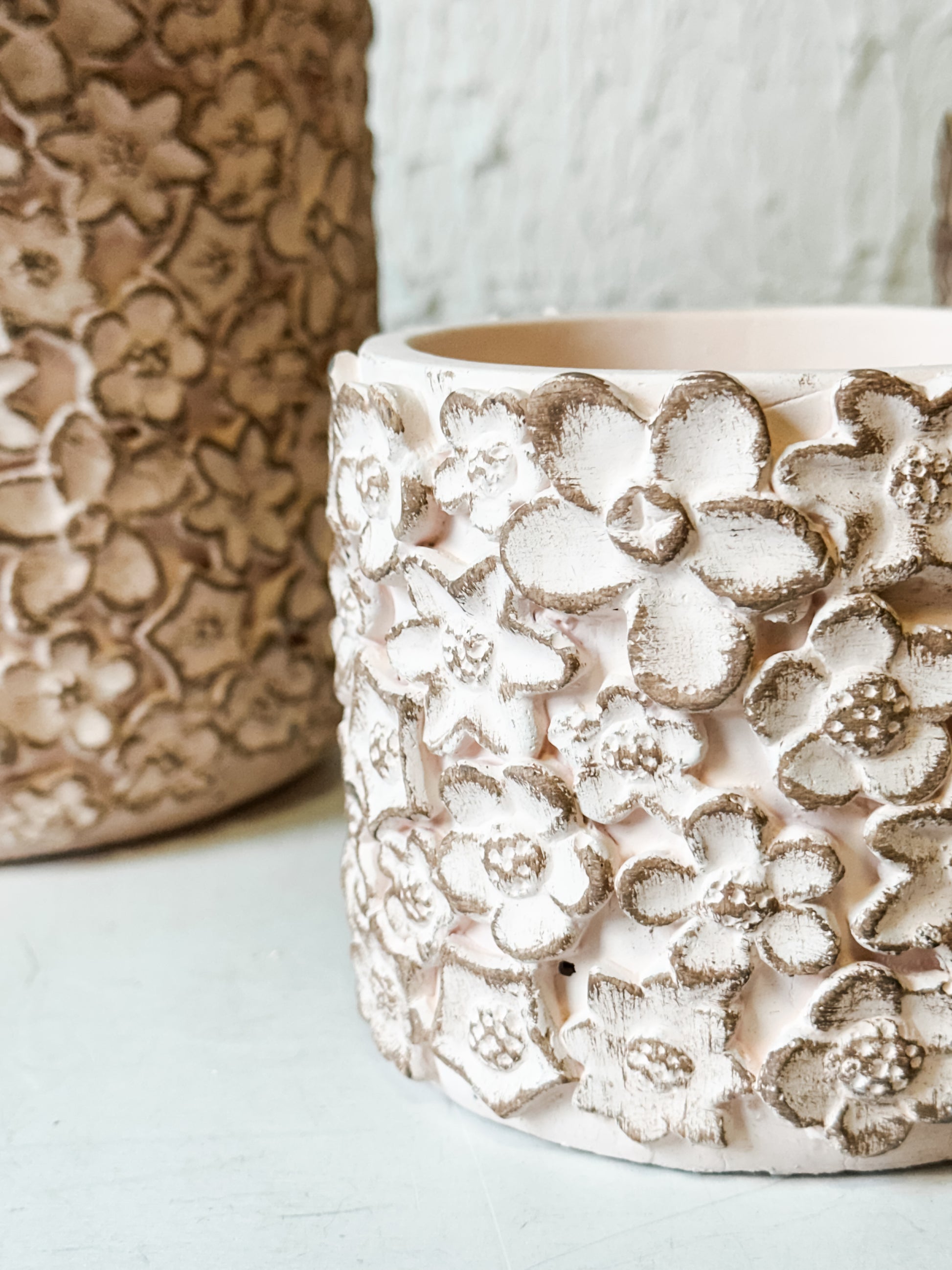 Blush Pink Florette Sculpted Cement Planters at the Rustic Barn in Killingworth, CT