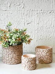 Blush Pink Florette Sculpted Cement Planters at the Rustic Barn in Killingworth, CT
