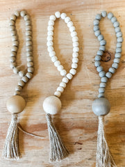 farmhouse boho wood bead garland with tassel at the rustic barn in killingworth ct