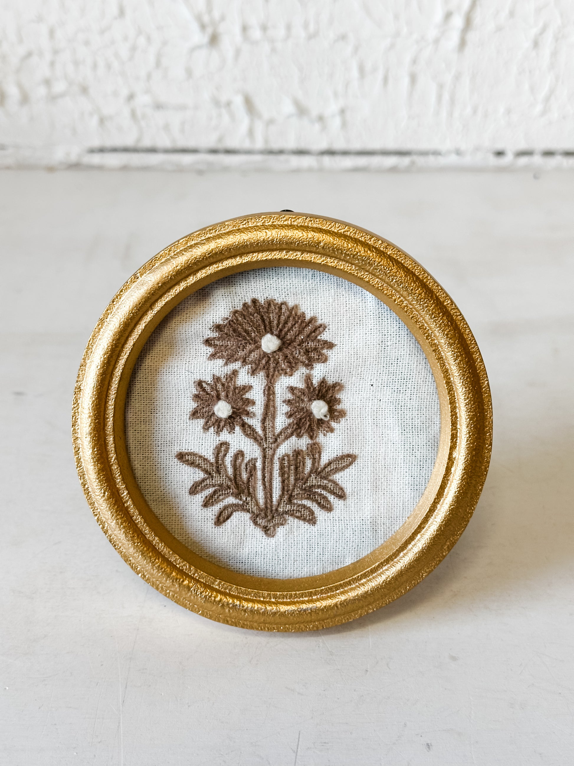 Brass Framed Embroidered Flower Art at the Rustic Barn in Killingworth, CT