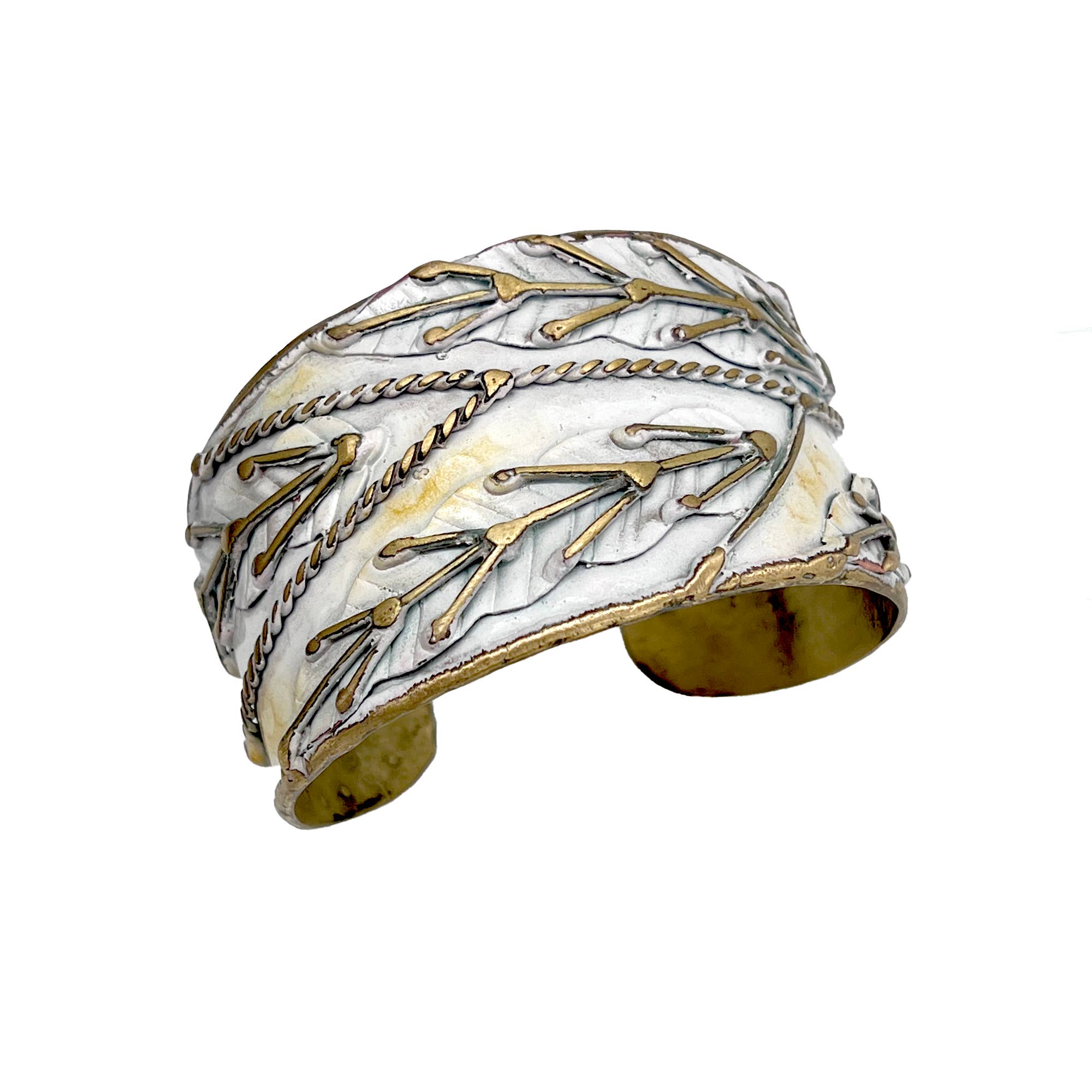 brass patina cuff bracelet with white leaaves at the rustic barn in killingworth ct