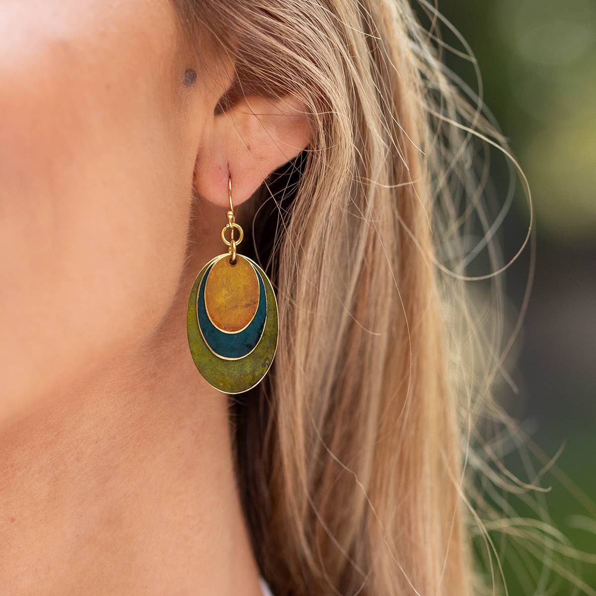 brass patina earthy oval earrings at the rustic barn in killiongworth ct