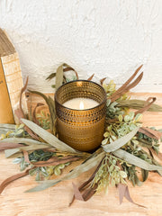 brown and green mixed leaf candle ring at the rustic barn in killingworth ct