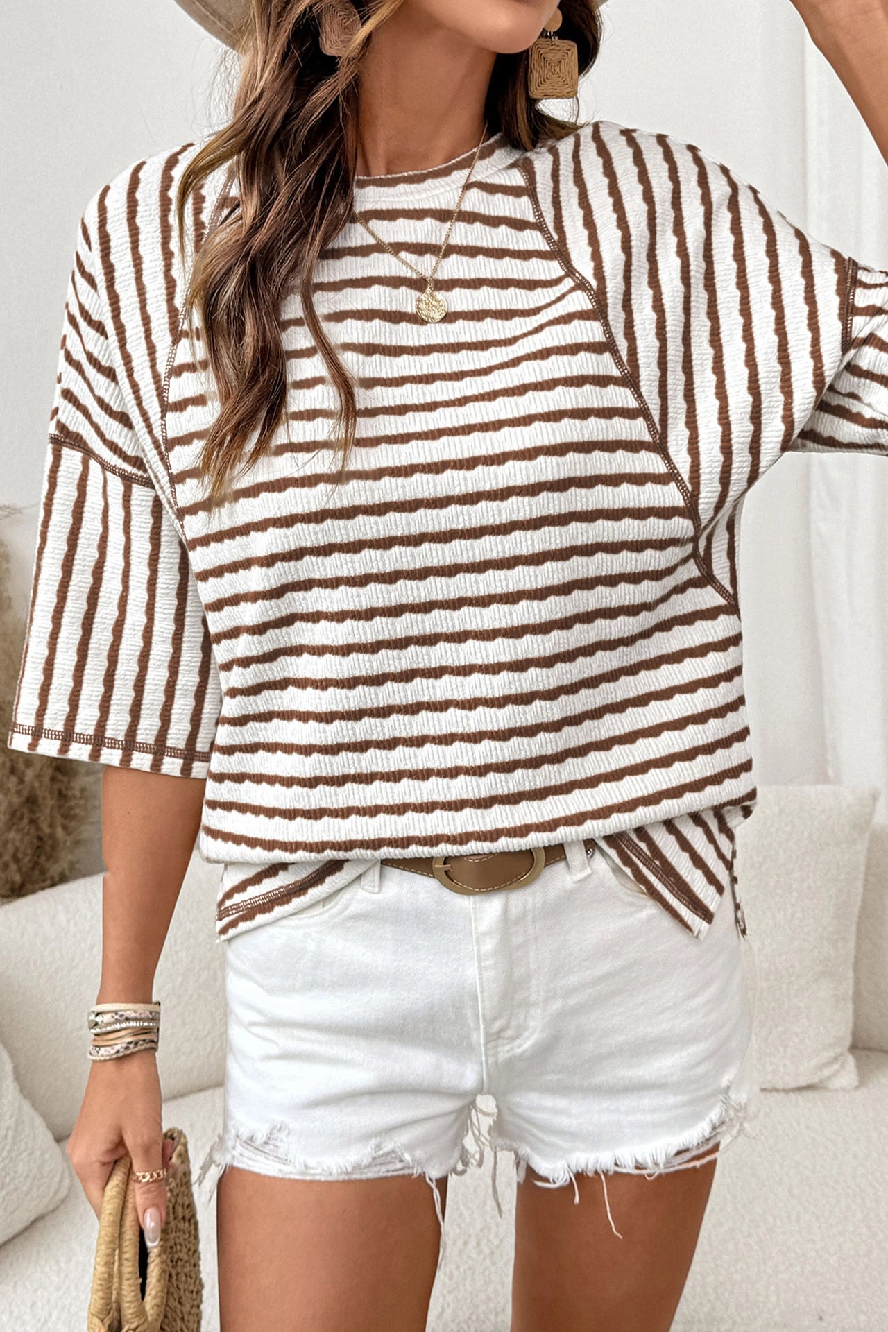 brown and white striped half sleeve womens cotton shirt at the rustic barn in killingworth ct