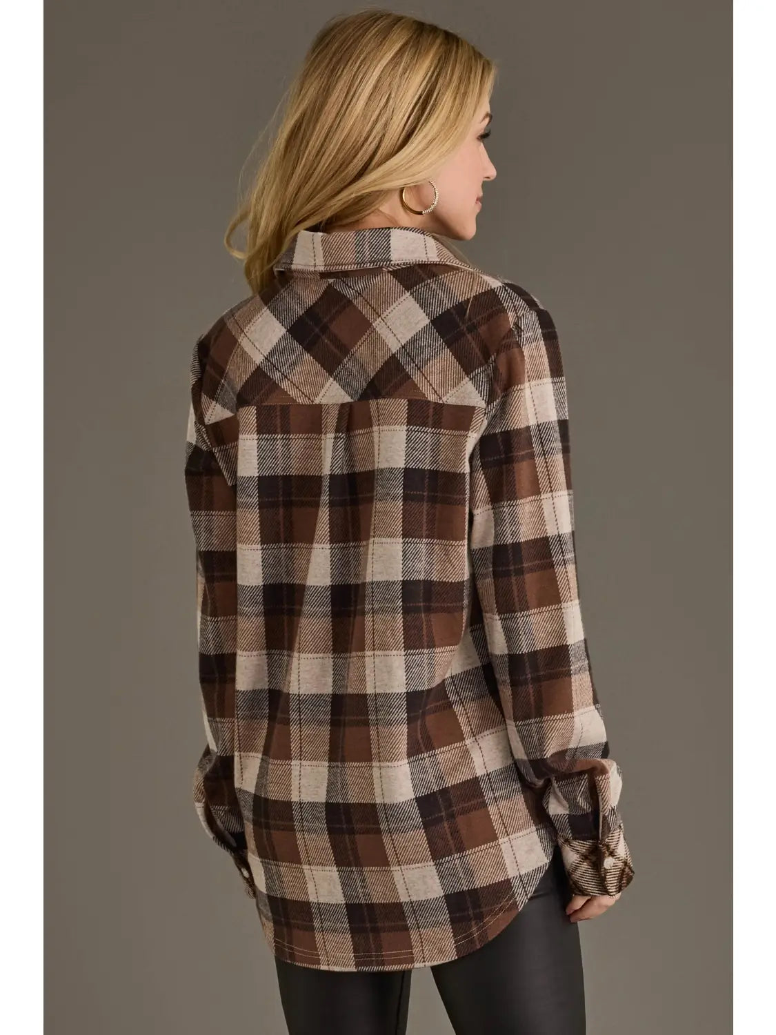 brown black and cream button up plaid flannel for women at the rustic barn in killingworth ct