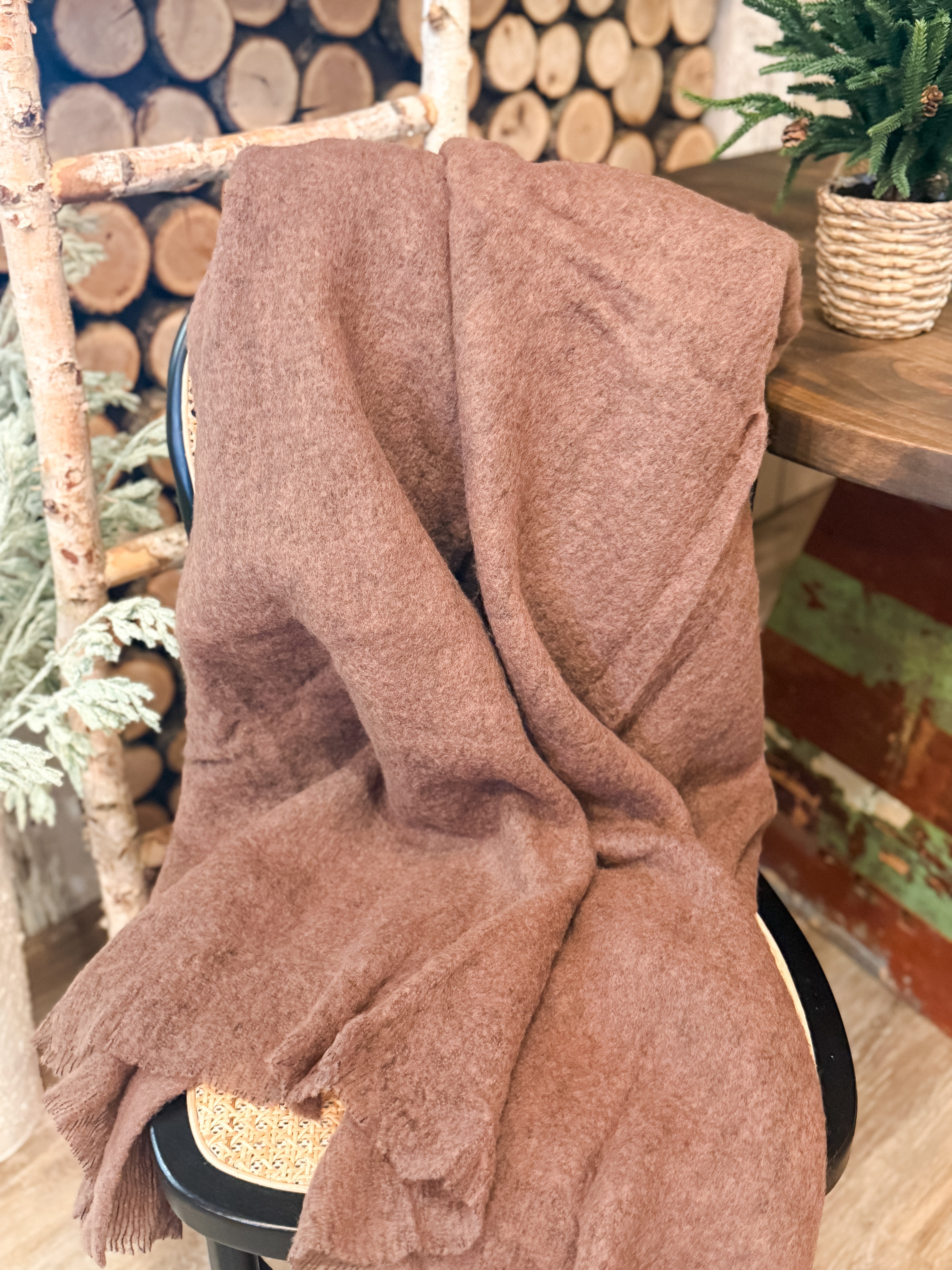brown brushed new zealand wool throw with fringe at the rustic barn in killingworth ct
