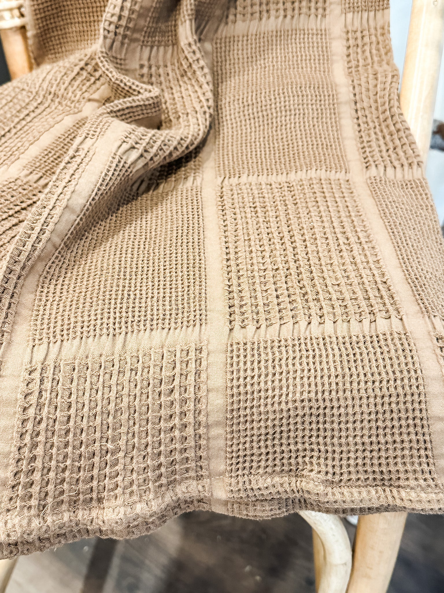 brown cotton waffle weave fall throw blanket at the rustic barn in killingworth ct
