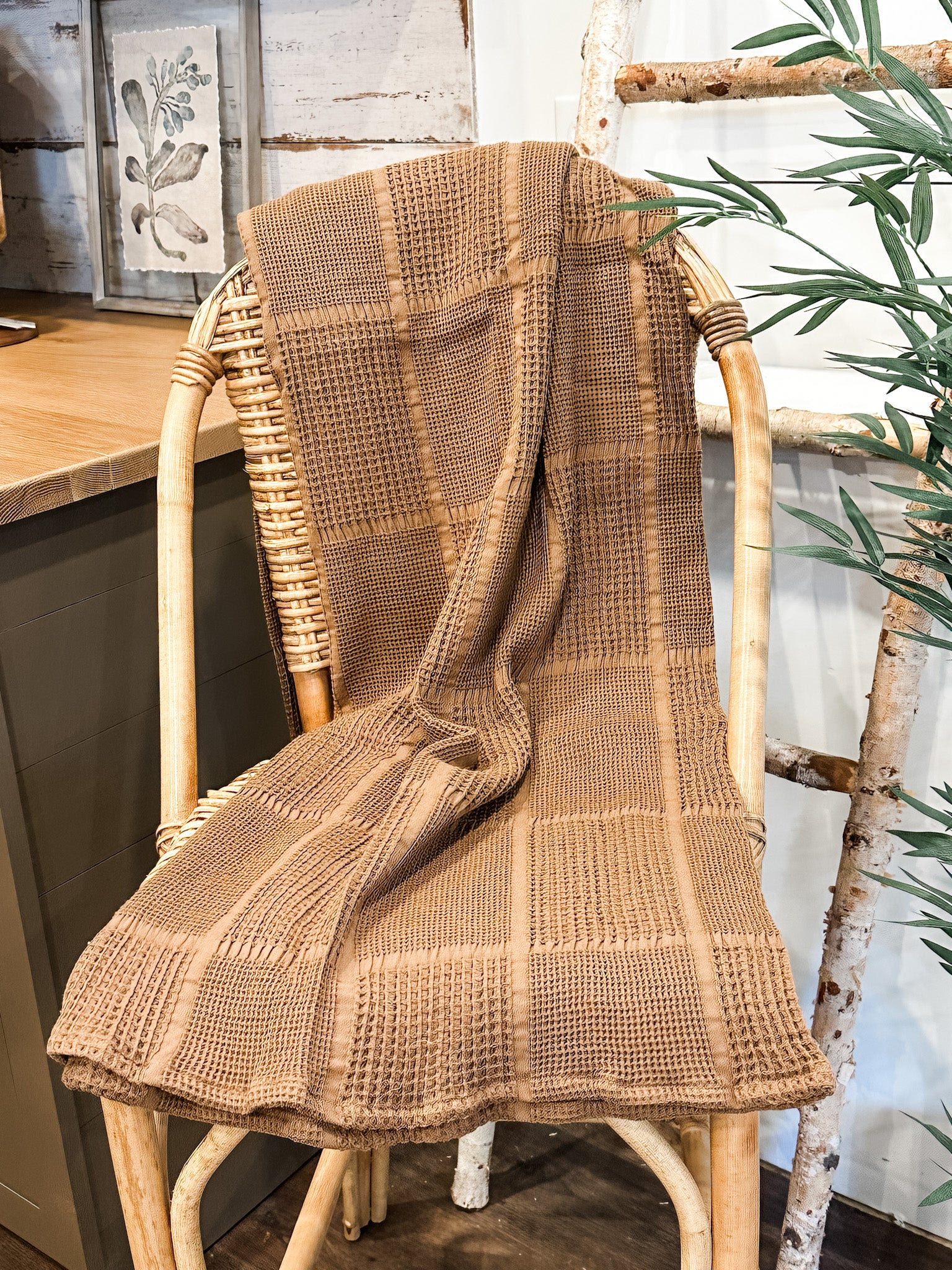 brown cotton waffle weave fall throw blanket at the rustic barn in killingworth ct