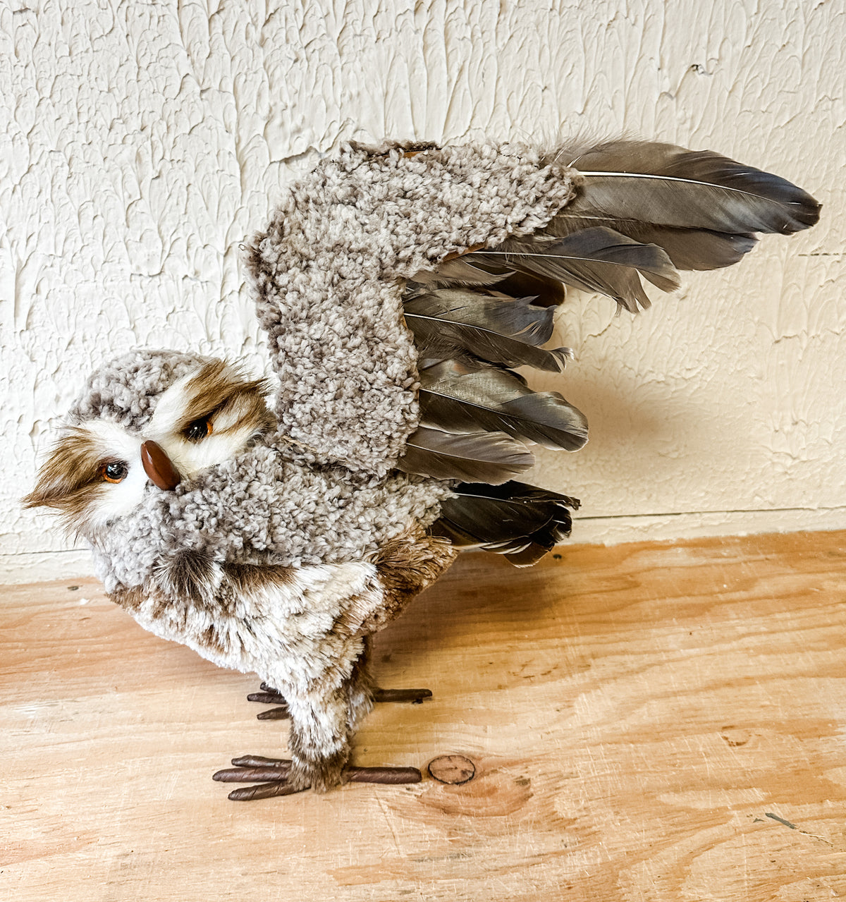 brown and white fabric owl for sale at the rustic barn in killingworth, CT