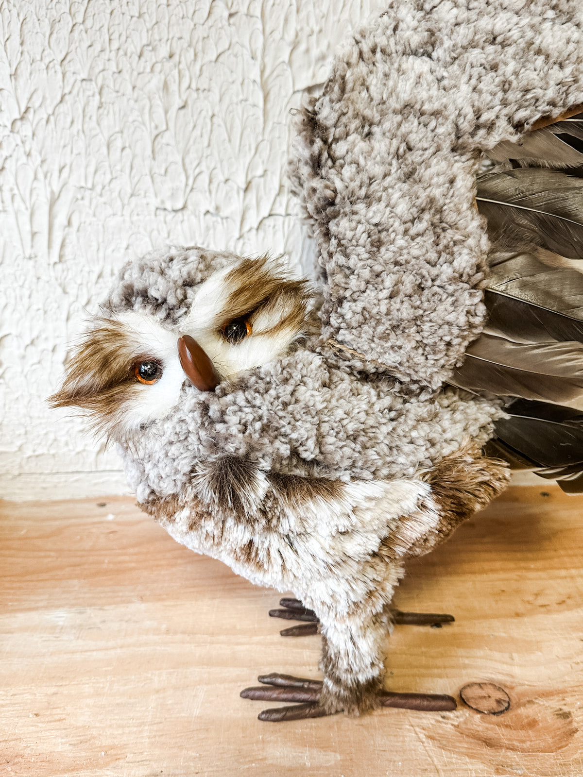 brown and white fabric owl for sale at the rustic barn in killingworth, CT