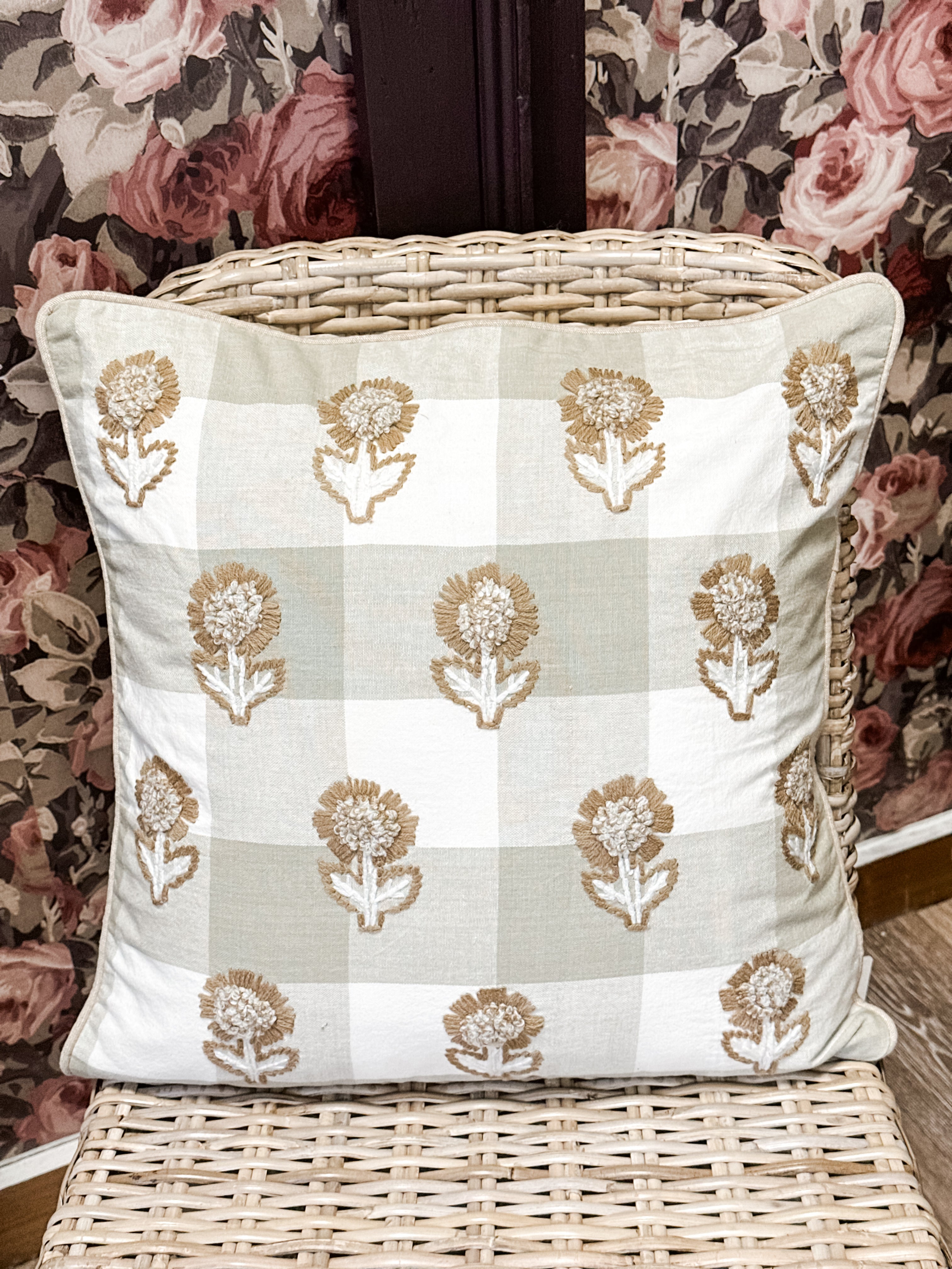 Buffalo Check French Knot Floral Throw Pillow at the Rustic Barn in Killingworth, CT