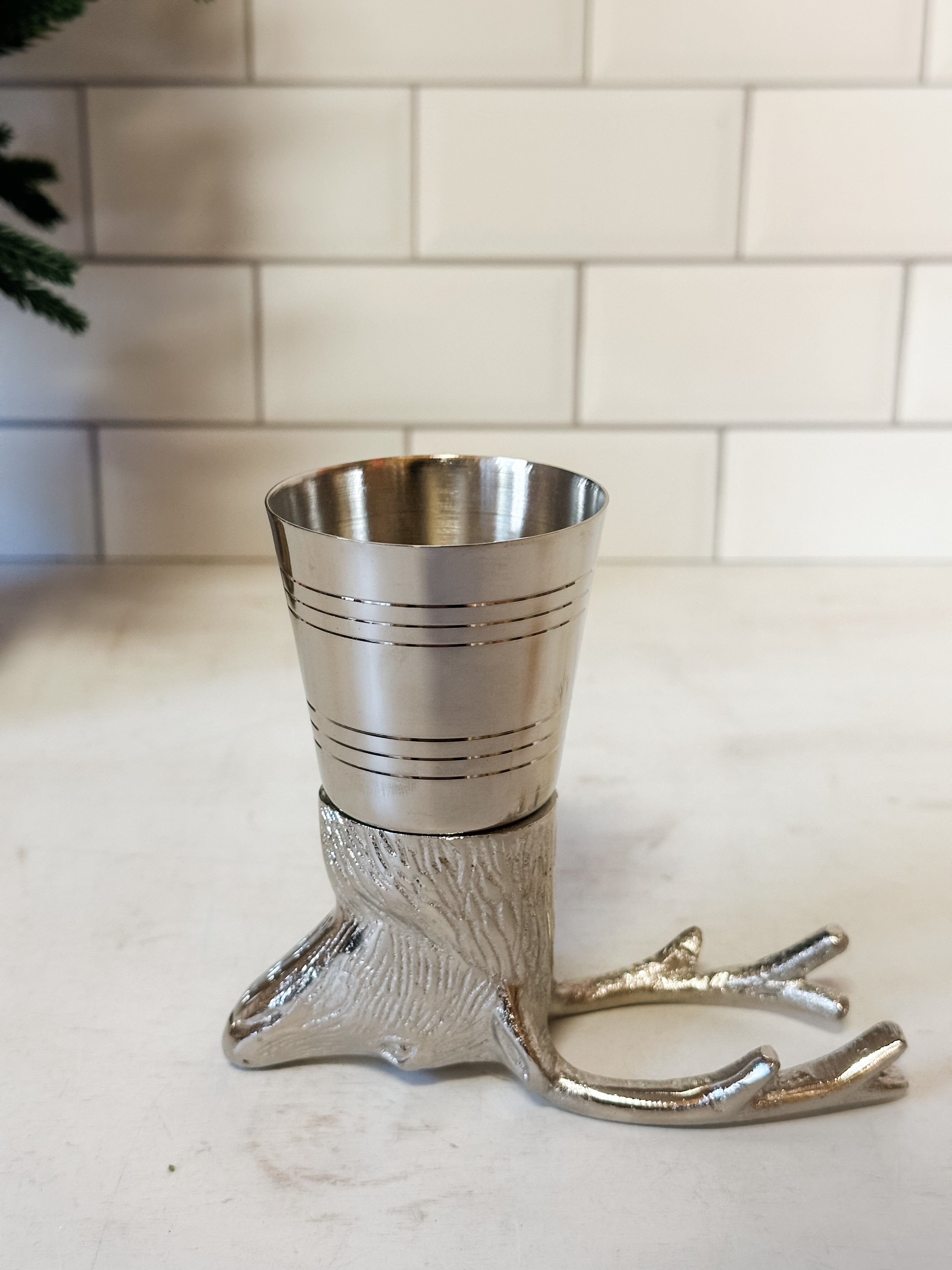cast aluminum and stainless steel deer head shot glass at The Rustic Barn in Killingworth CT