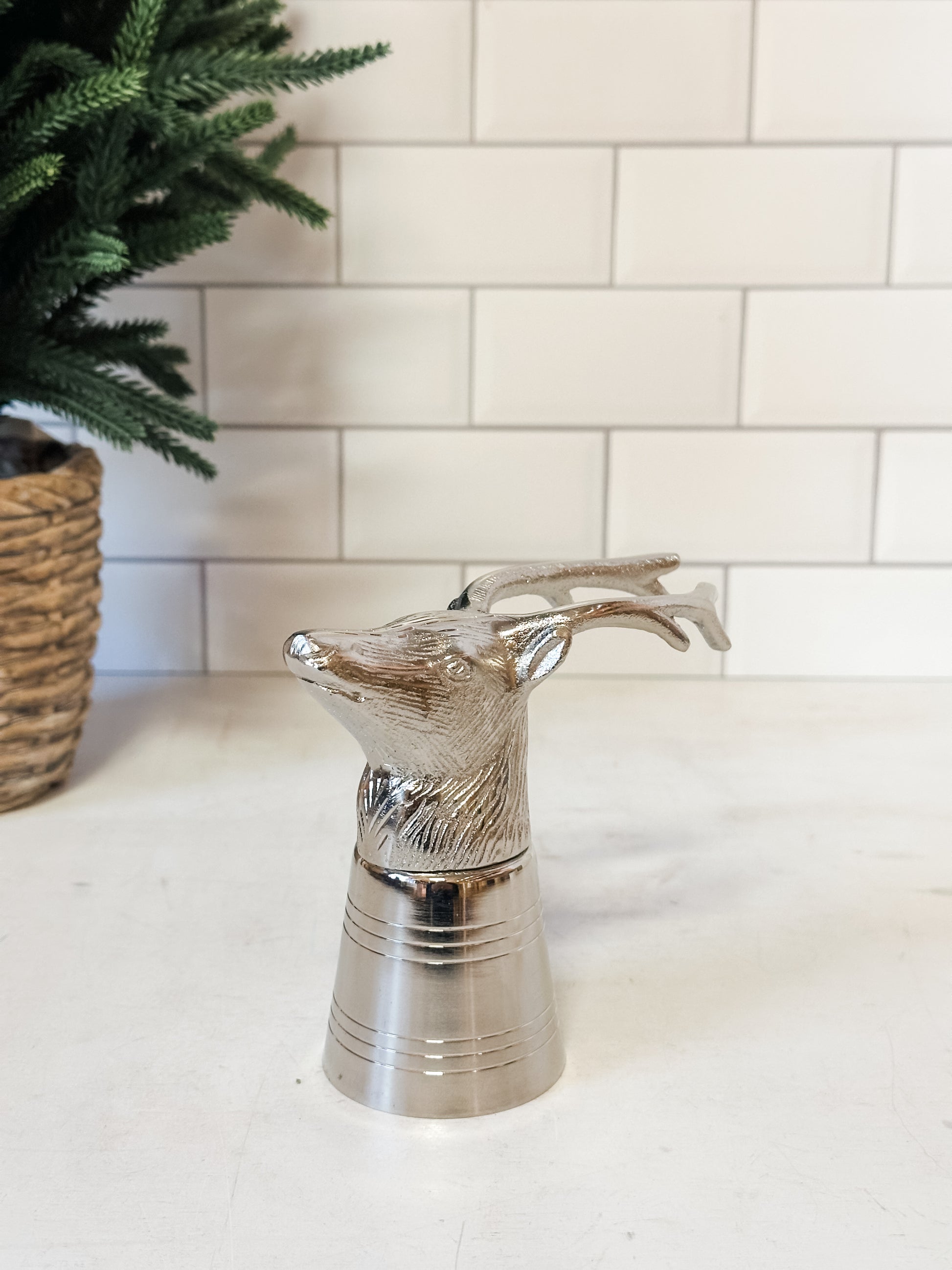cast aluminum and stainless steel deer head shot glass at The Rustic Barn in Killingworth CT
