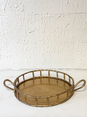 cast aluminum round tray with handles and brass finish at the Rustic Barn in Killingworth CT