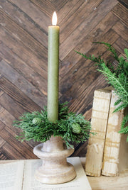 beautiful green cedar taper candle ring for christmas with green pinecone design for the holidays for sale at the rustic barn in killingworth, CT