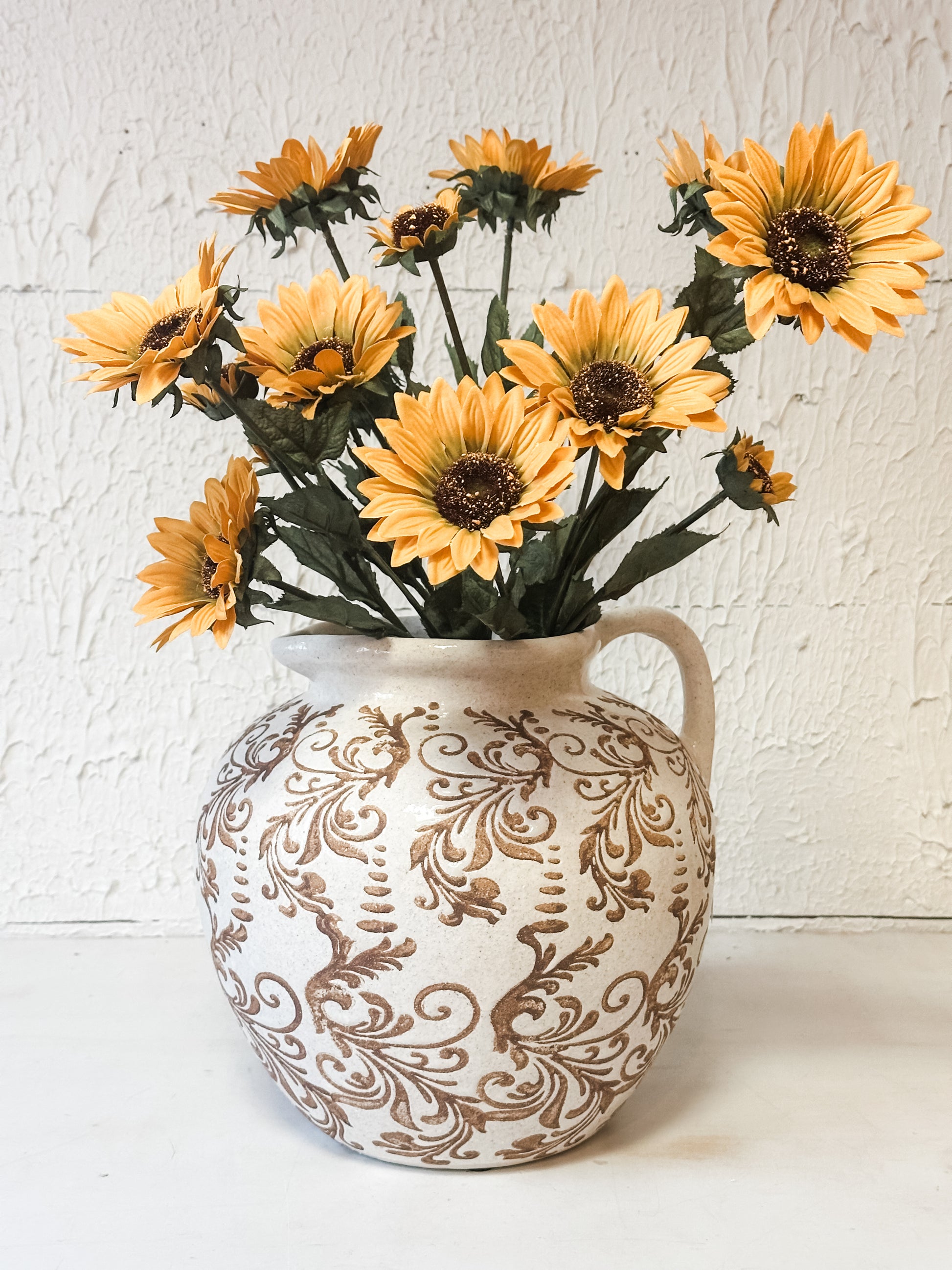 ceramic jug vase with brown and cream floral pattern at the rustic barn in killingworth ct
