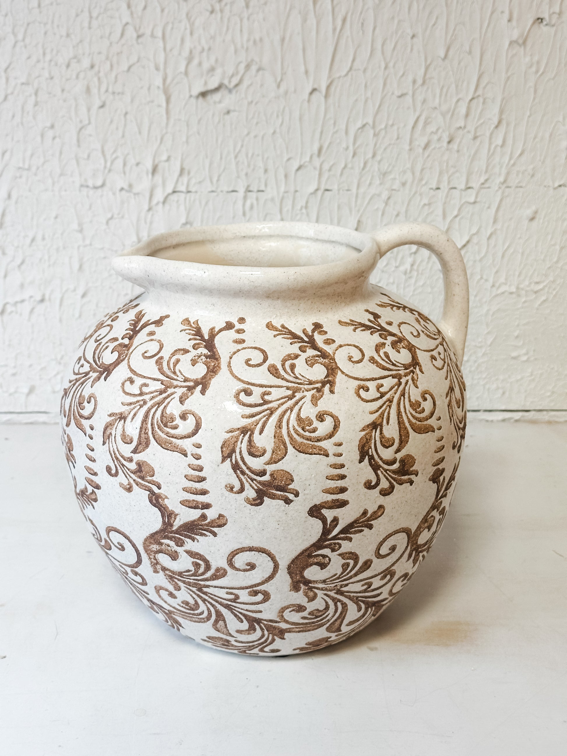 ceramic jug vase with tan and cream print at The Rustic Barn in Killingworth CT