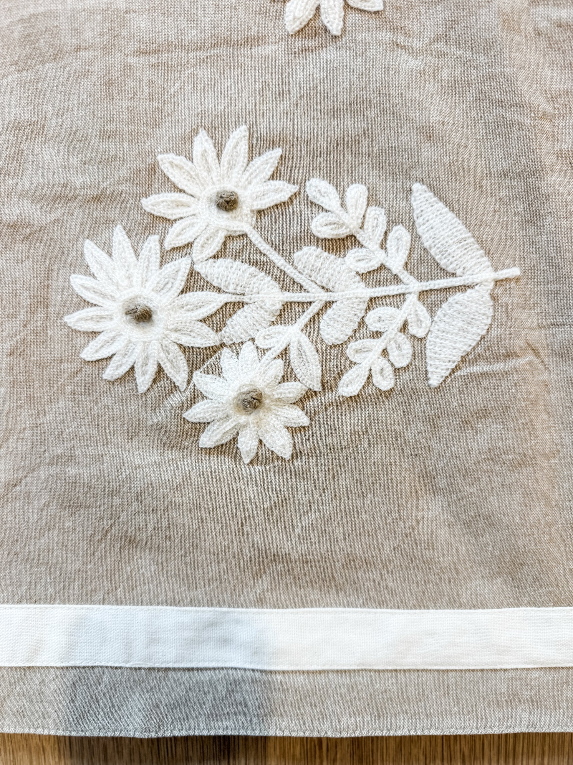 chambray and cream embroidered floral table runner at The Rustic Barn in Killingworth, CT