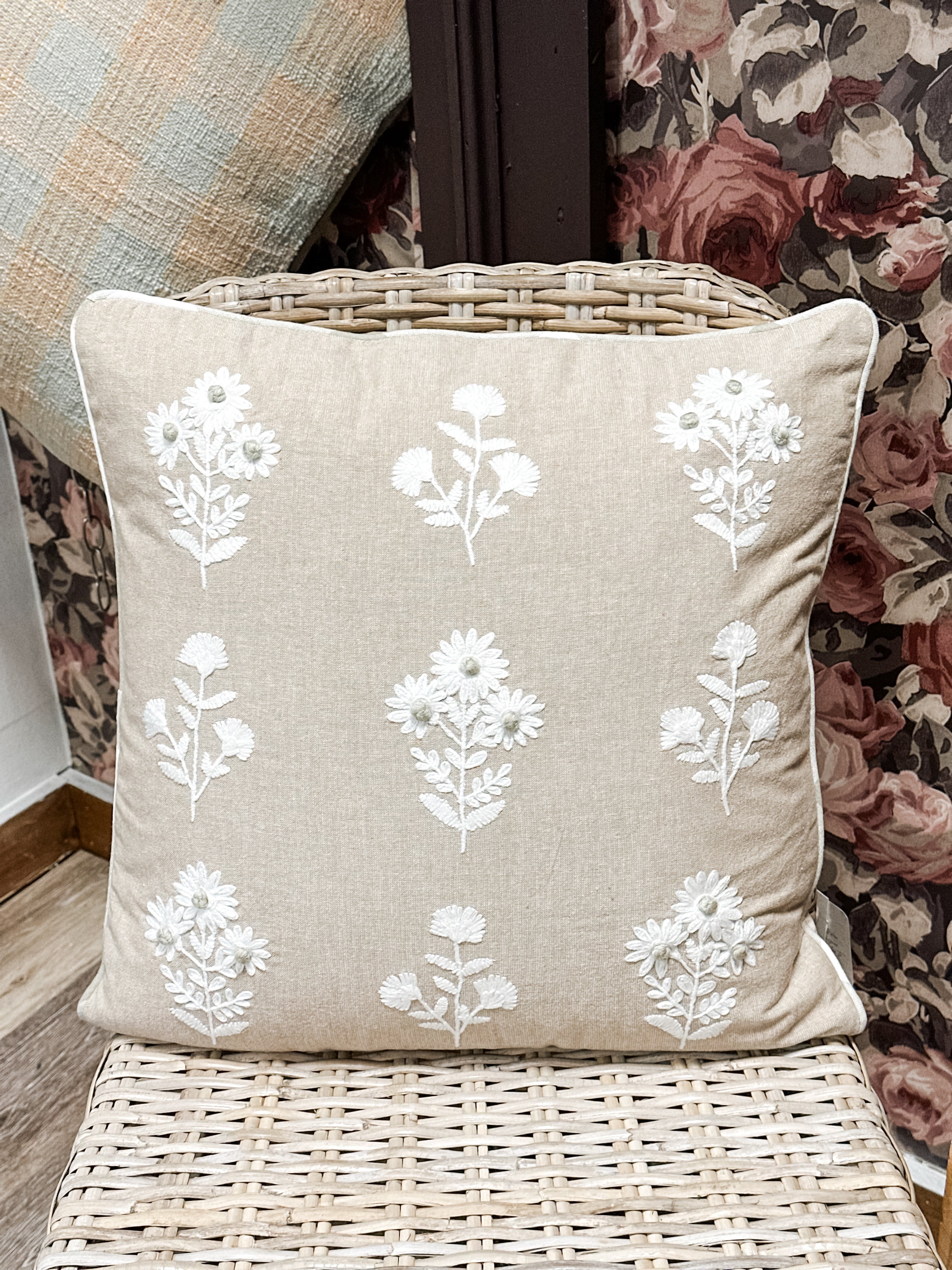 Chambray French Knot Floral Throw Pillow at the Rustic Barn in Killingworth, CT