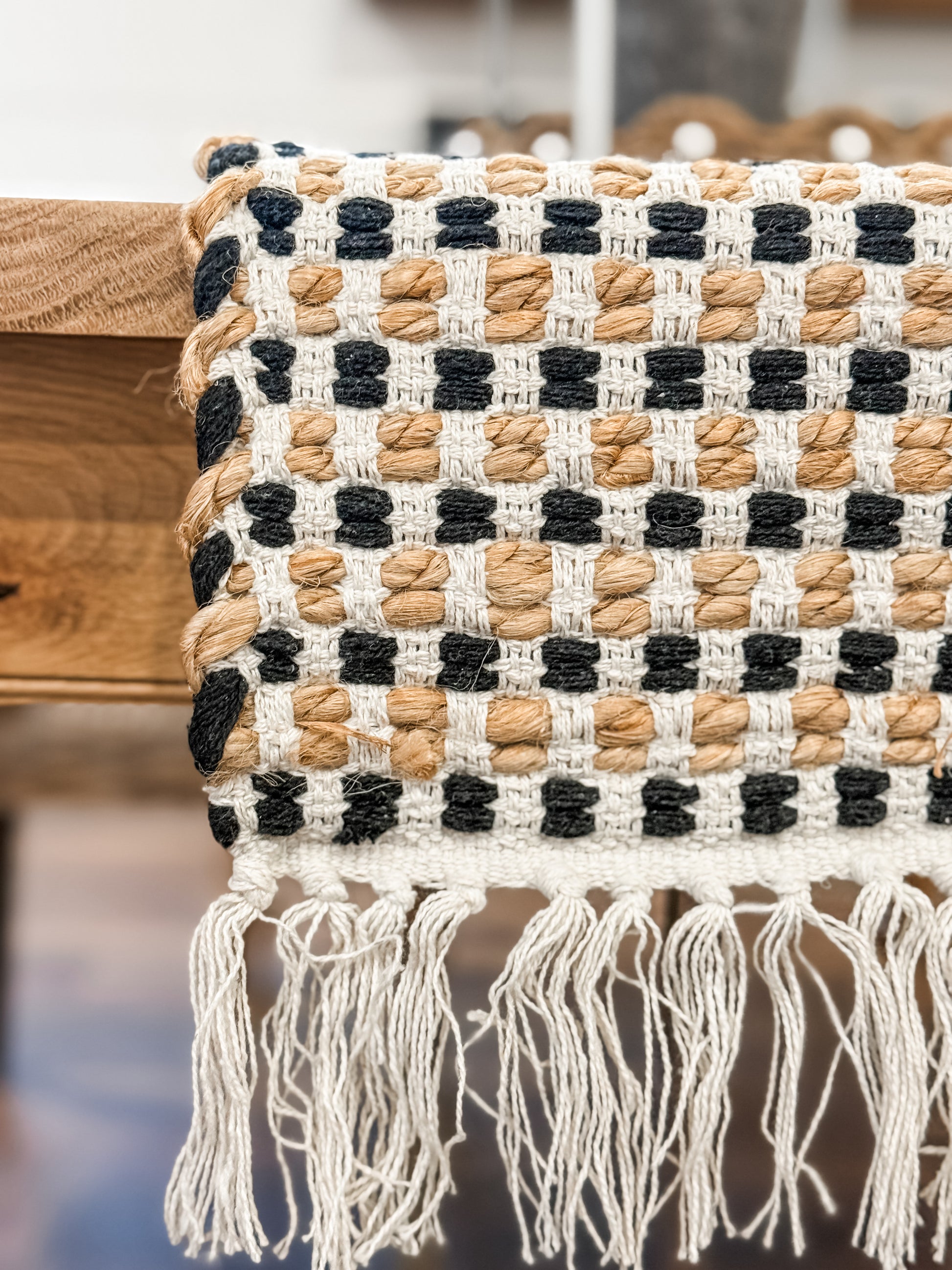 checker weave runner with fringe at the Rustic Barn in Killingworth, CT