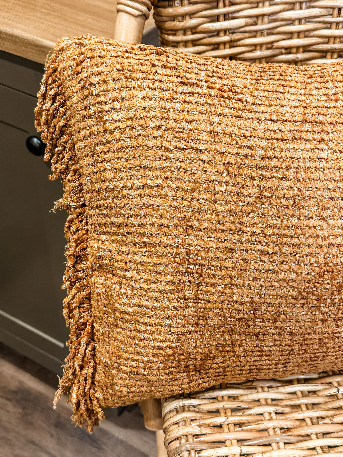 modern fringe pillow rust orange camel with fringe for autumn or everyday use for sale at the rustic barn in killingworth, CT