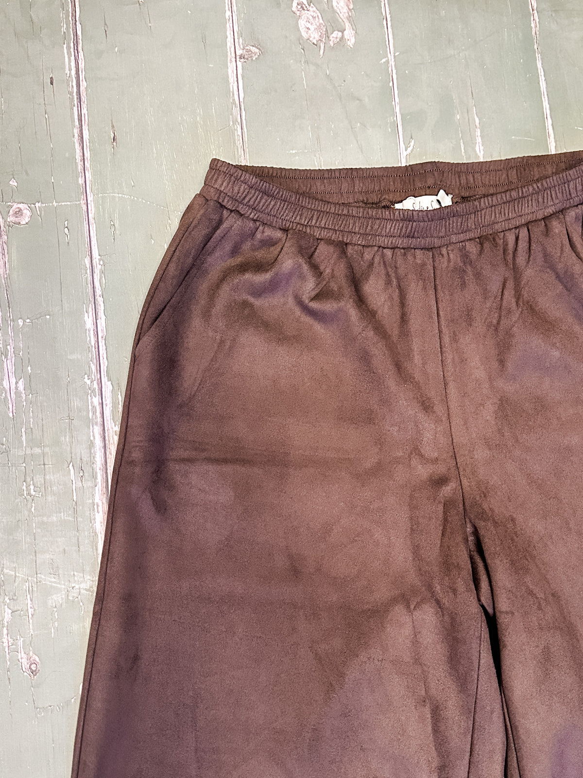 chocolate brown suede pants with comfortable stretchy elastic waistband for sale at the rustic barn in killingworth, CT